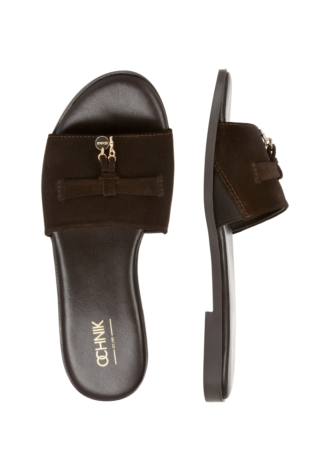 Жіночі замшеві шльопанці темно-коричневого кольору BUTYD-1255-1I(W26), вигляд виробу зверху на білому фоні.