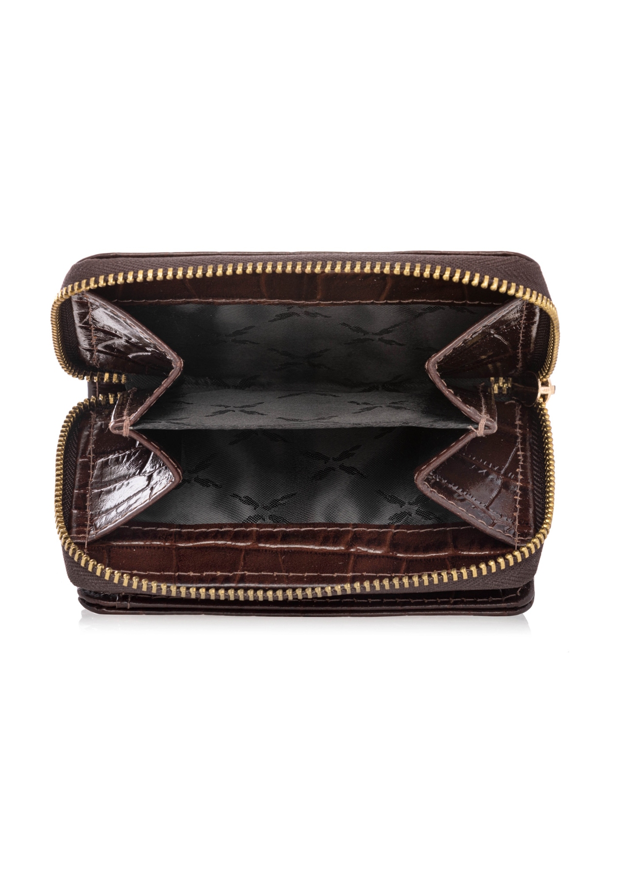 Коричневий жіночий гаманець із крокодилової шкіри PORES-0888-1H(W26), вигляд виробу всередині на білому тлі.