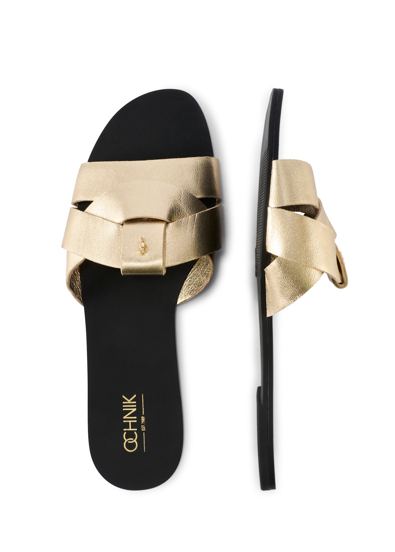 Жіночі золотисті шльопанці з тасьмою BUTYD-0903C-2X(W26), вигляд виробу зверху на білому фоні.