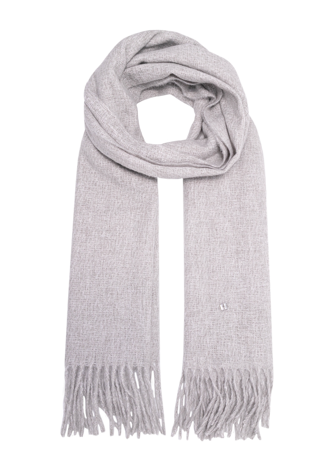 Сірий жіночий шарф з бахромою SZADT-0209-91(Z25), вигляд виробу спереду на білому тлі.