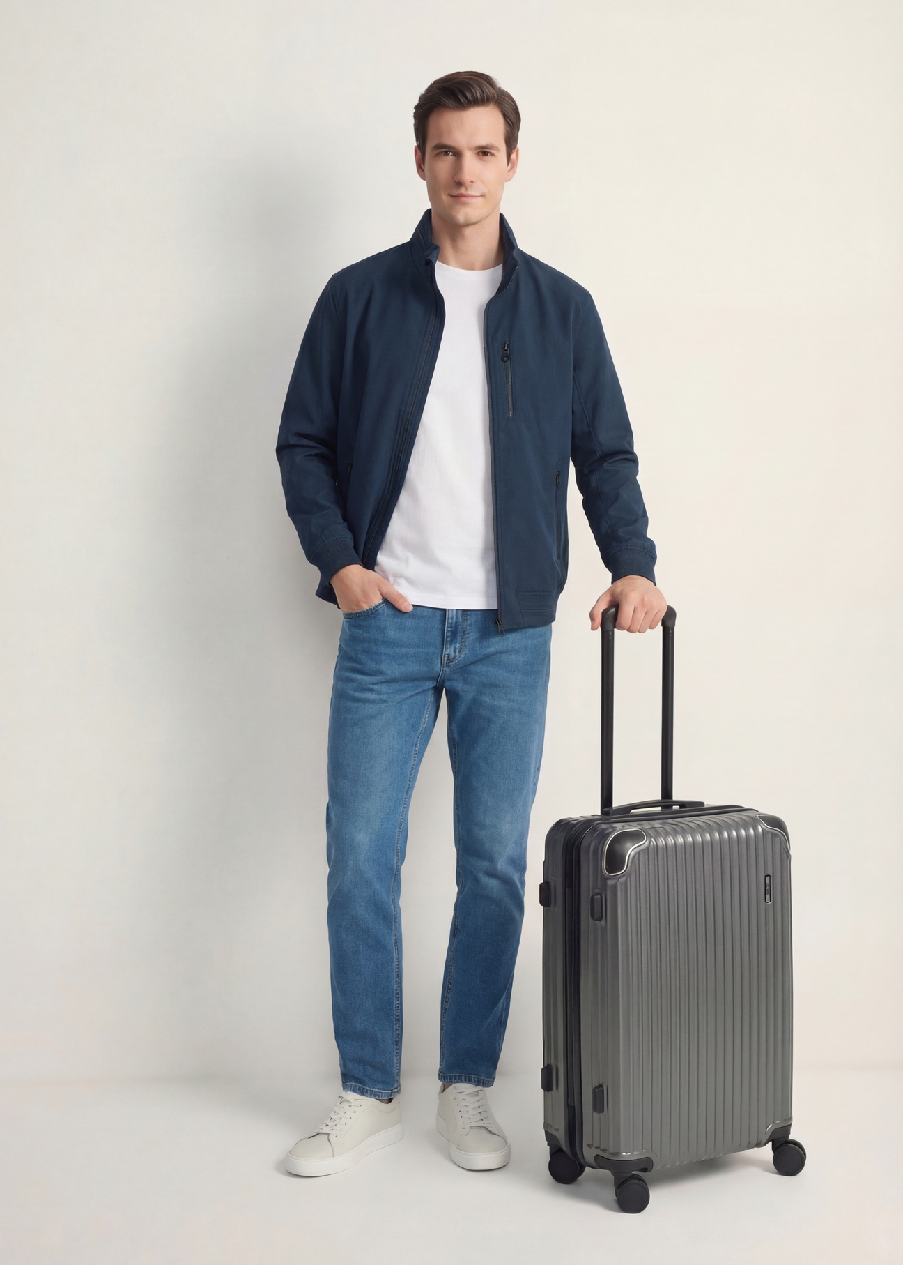 Середня валіза на колесах WALAB-0073-9C-24(W26), діагональний вигляд виробу поруч із силуетом моделі.