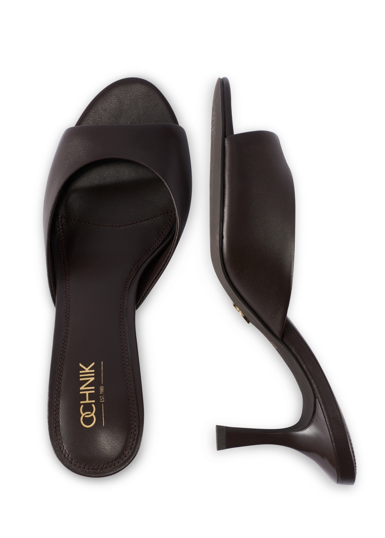 Темно-коричневі шкіряні жіночі мюлі BUTYD-1272-1I(W26), вигляд виробу зверху на білому фоні.