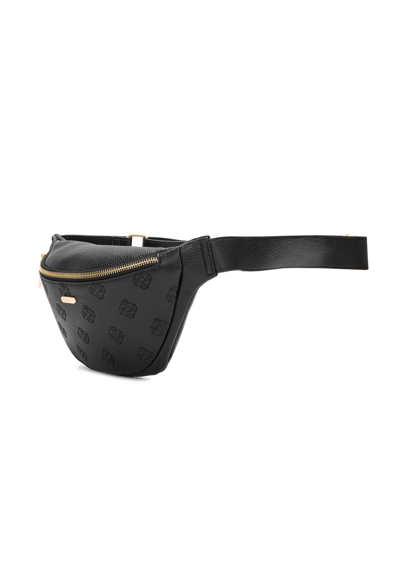 Чорна жіноча поясна сумка з монограмою TOREC-1158-9P(W26), діагональний вигляд виробу на білому фоні.