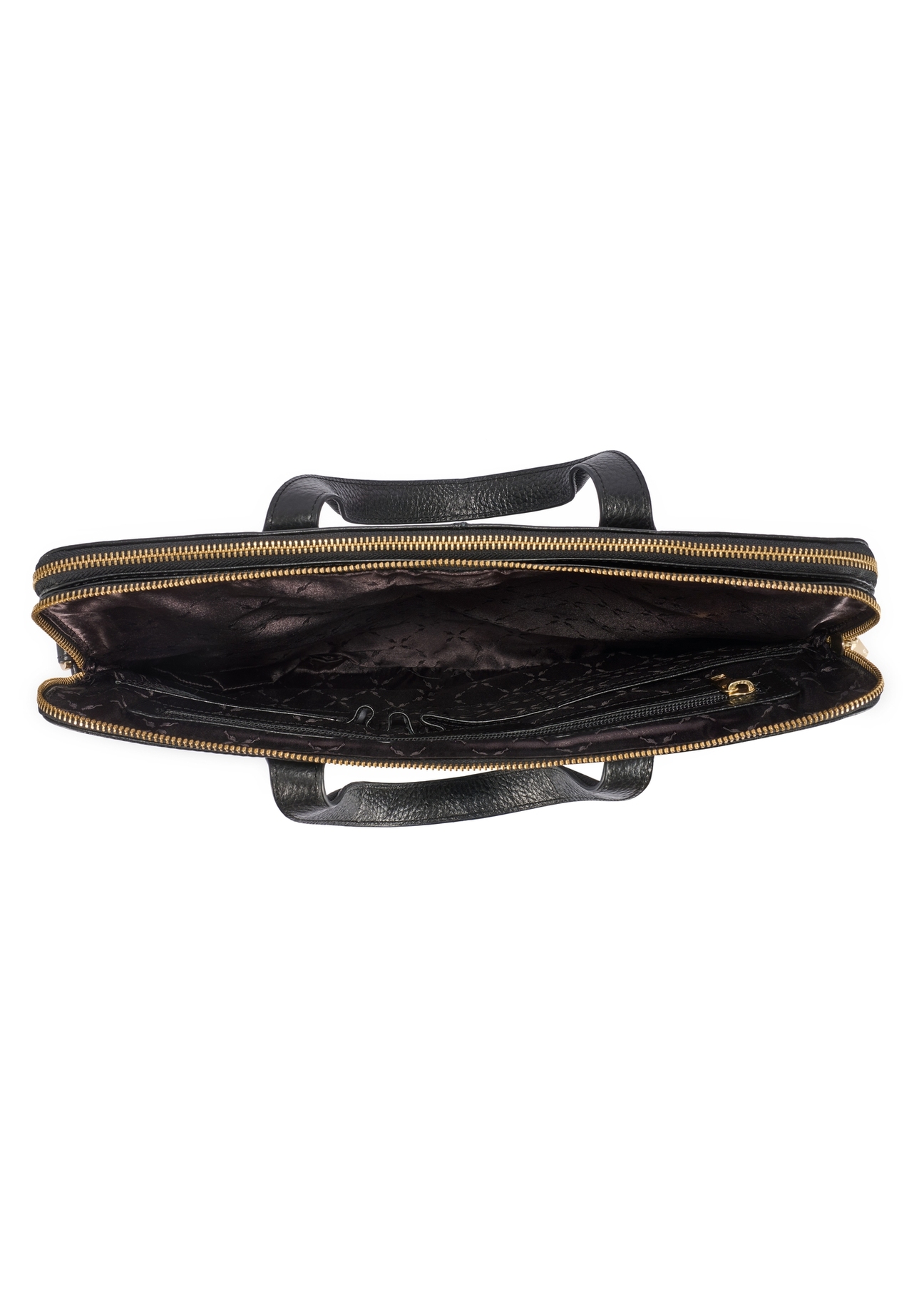 Чорна шкіряна сумка для ноутбука TORES-1070A-99(W26), вигляд виробу всередині на білому тлі.