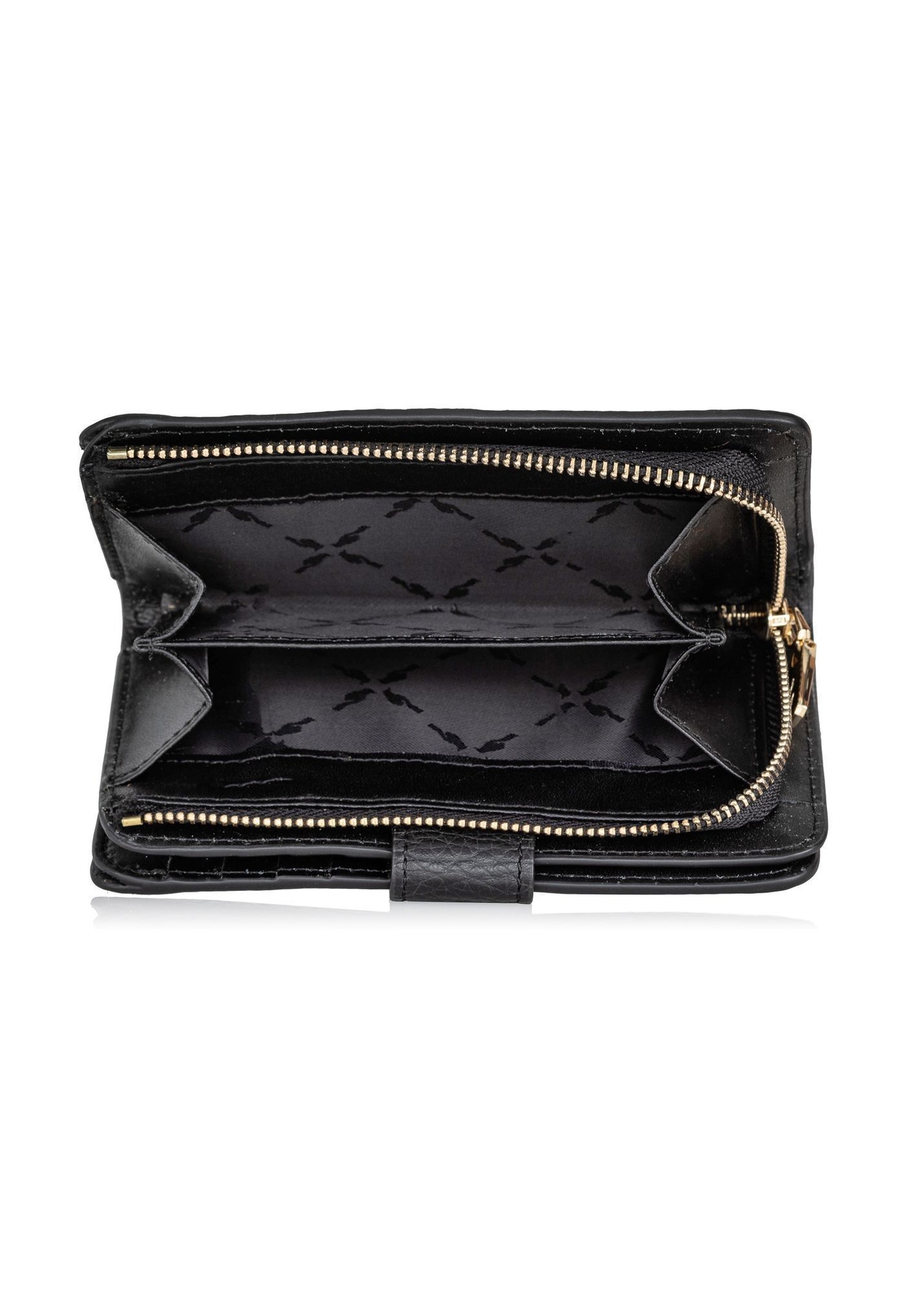 Середній чорний шкіряний жіночий гаманець PORES-0896R-9I(W26), вигляд товару всередині на білому тлі.