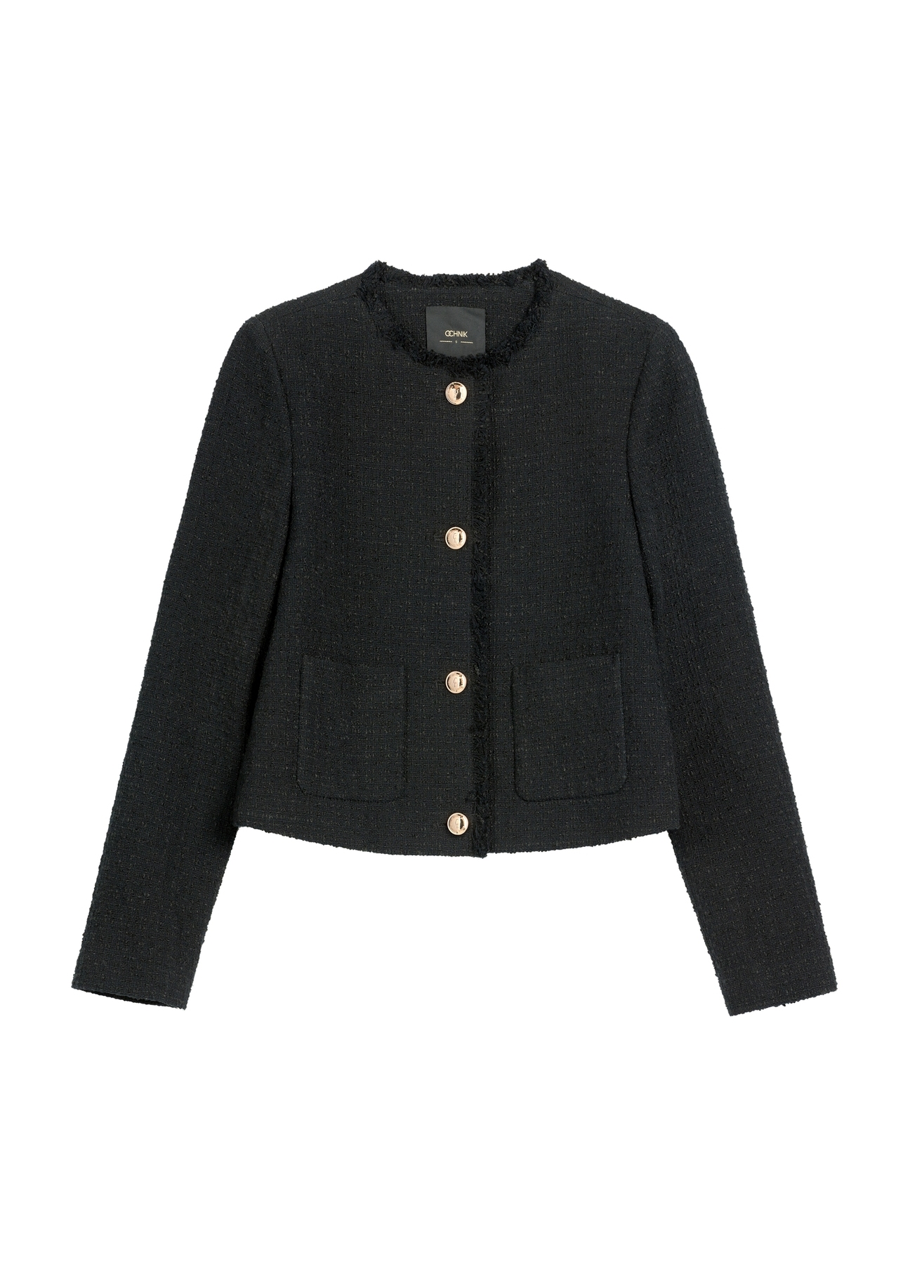 Чорна коротка жіноча куртка ZAKDT-0041-99(W26), вигляд виробу спереду на білому тлі.