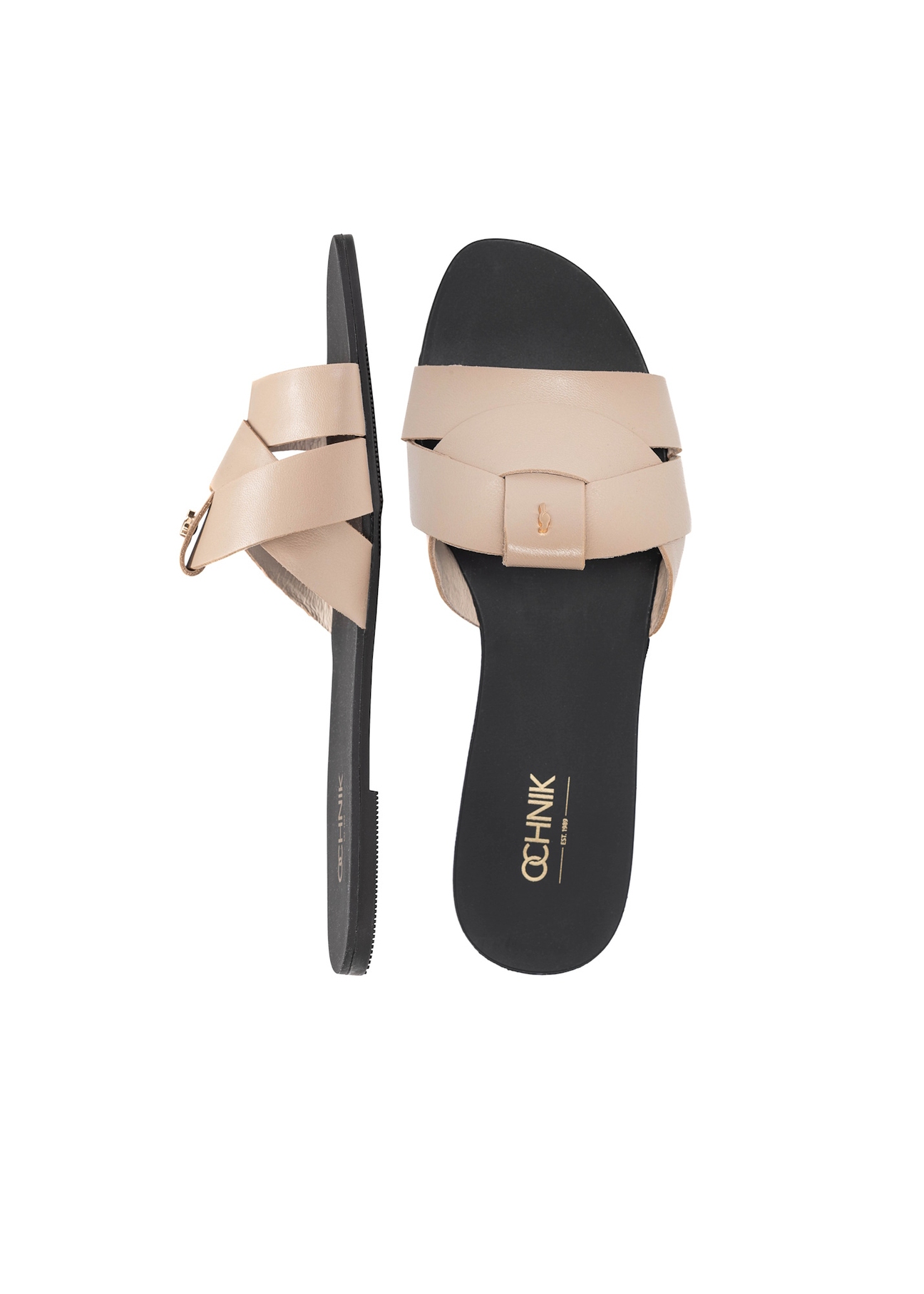 Бежеві жіночі шльопанці з тасьмою BUTYD-0903C-1B(W26), вигляд виробу зверху на білому фоні.