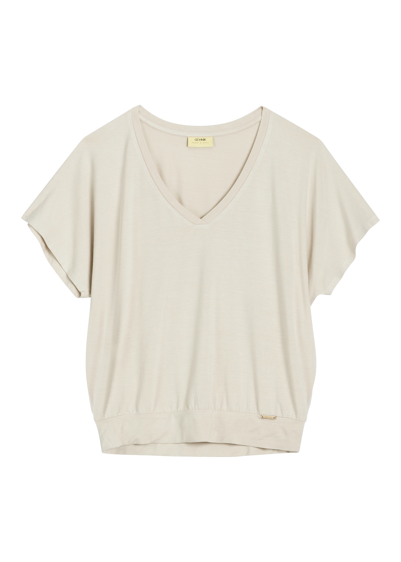 Світло-бежева жіноча блузка BLUDT-0202-1A(W26), вигляд виробу спереду на білому фоні.