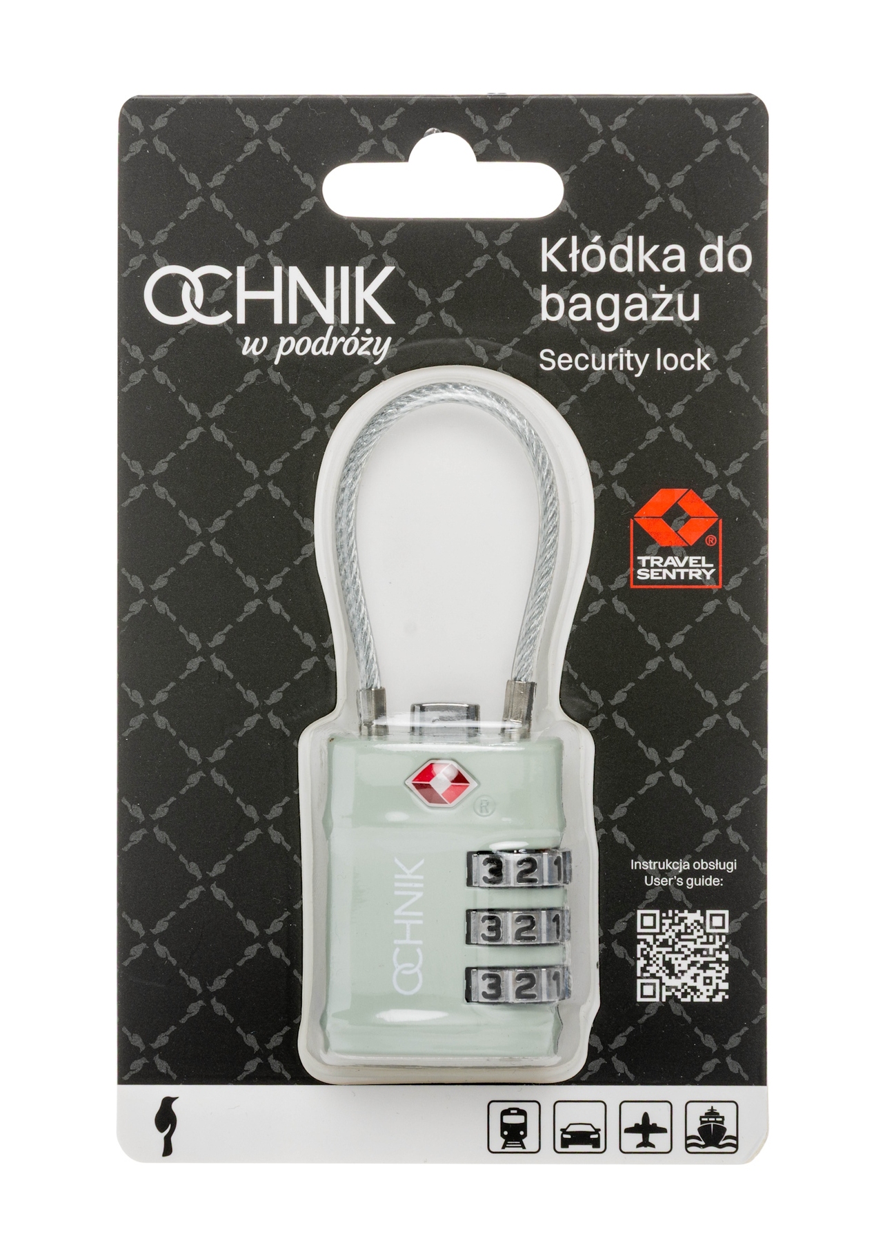 Комбінований навісний замок Sage TSA AW-015-0007-8F(W26), вигляд виробу спереду в упаковці.