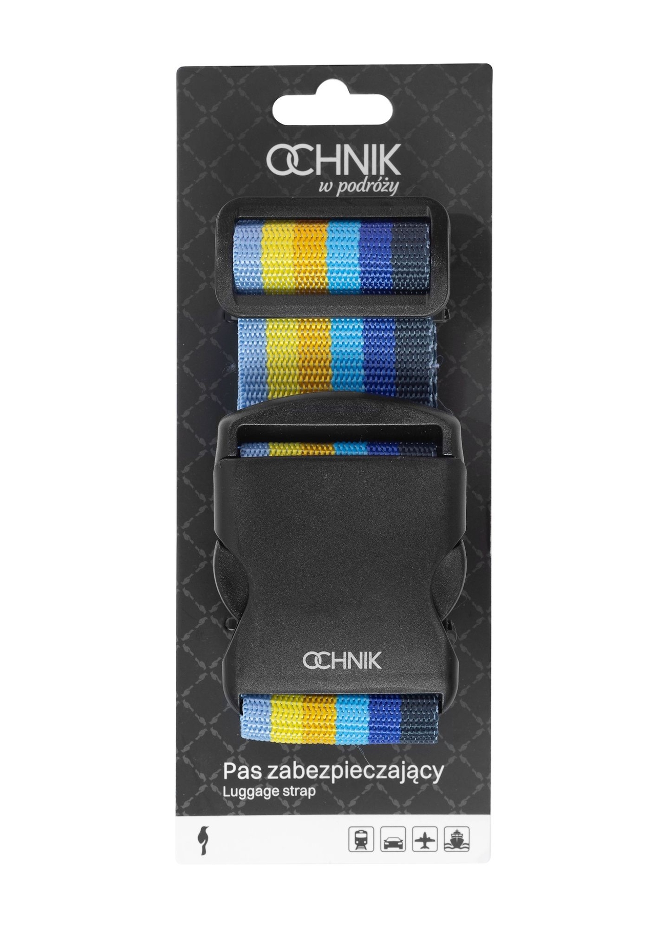 Багажний ремінь AW-011-0001-61(W25), вид продукту з упаковкою спереду на білому тлі.