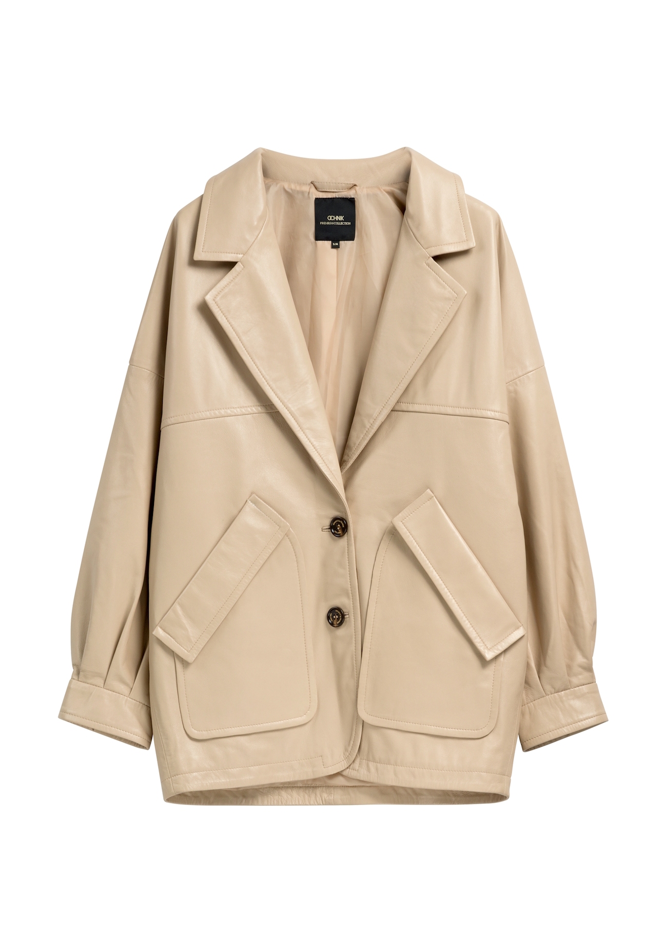 Beżowa skórzana kurtka damska oversize KURDS-0577-1B(W26)