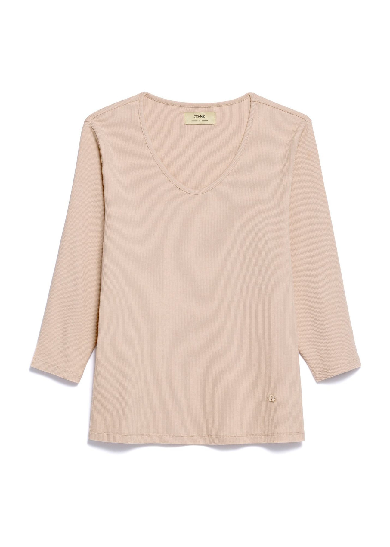 Бежева жіноча блузка з V-подібним вирізом LSLDT-0036-82(Z25), вигляд виробу спереду на білому тлі.