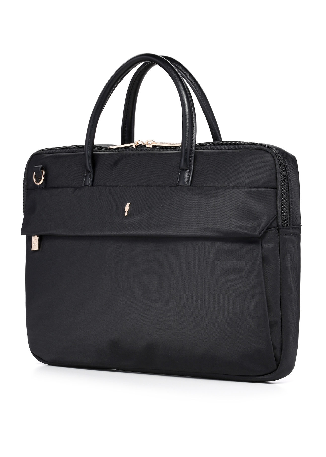 Чорна жіноча сумка для ноутбука TOREN-0344-99(W26), діагональний вигляд виробу на білому тлі.