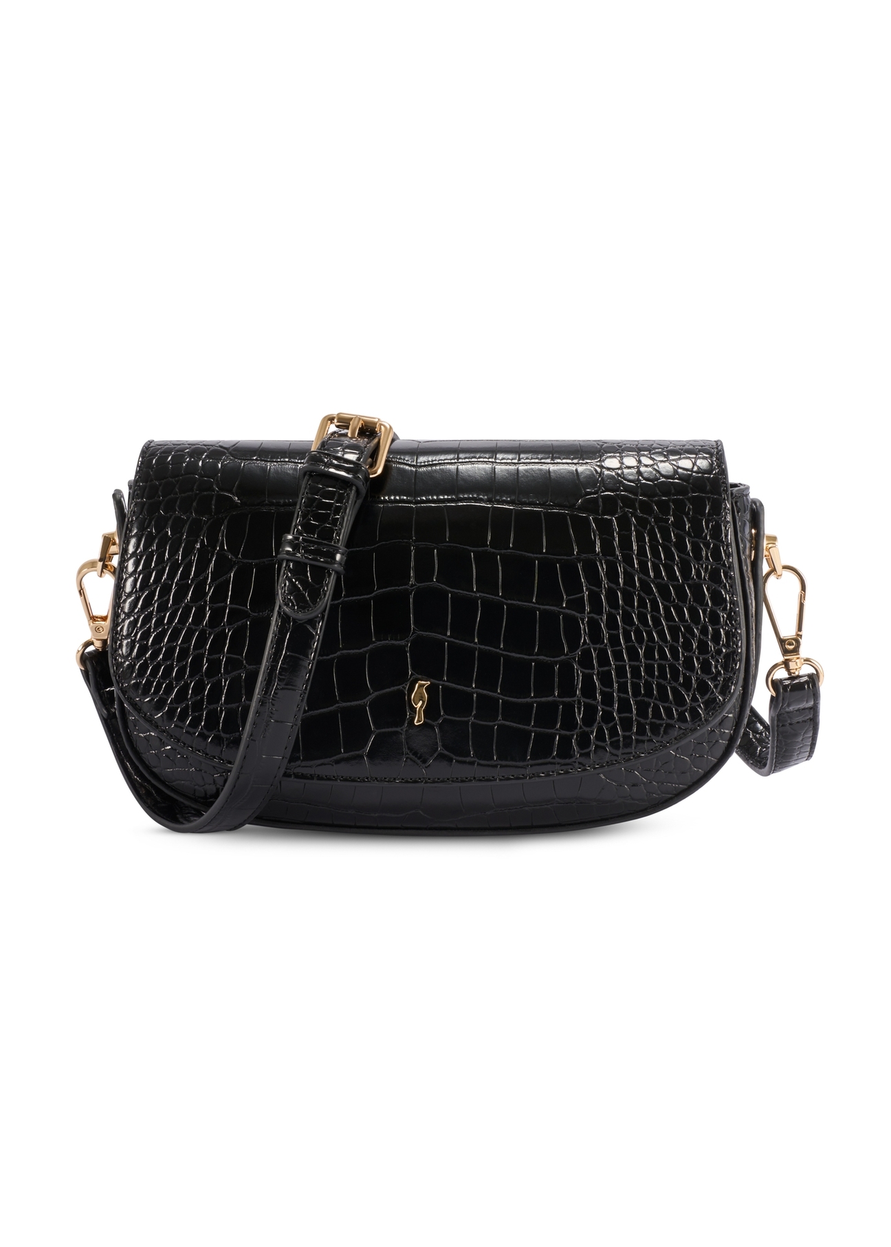 Маленька чорна жіноча сумка-месенджер з крокодилової шкіри TOREC-1185-9G(W26), вигляд виробу спереду на білому тлі.