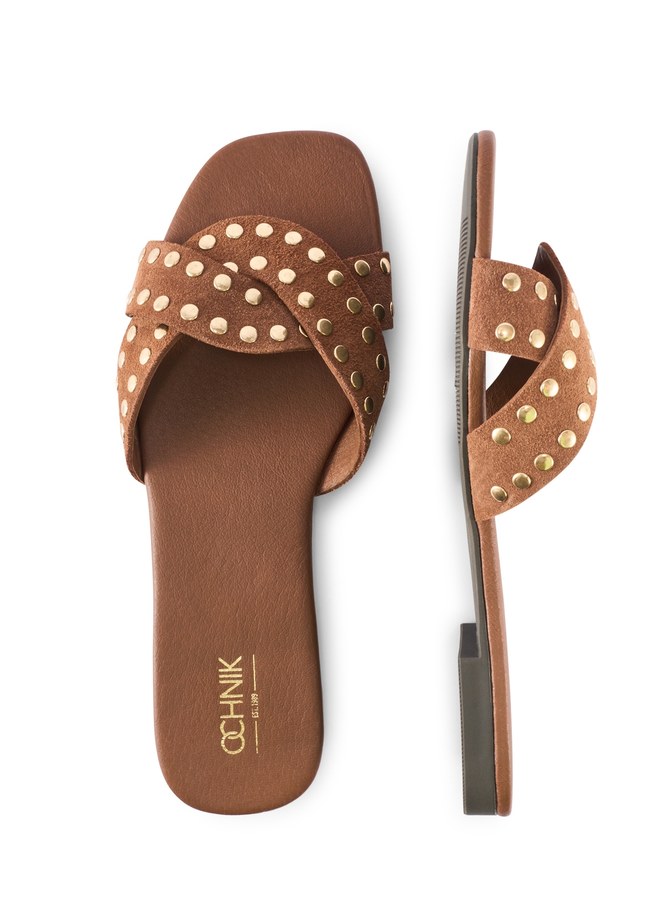 Жіночі мюлі з верблюжої шкіри зі стразами BUTYD-1226-1D(W26), вигляд виробу зверху на білому фоні.