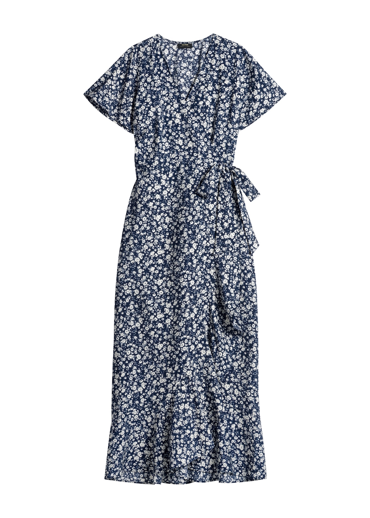 Довга сукня з квітковим принтом SUKDT-0233-7P(W26), вигляд виробу спереду на білому тлі.