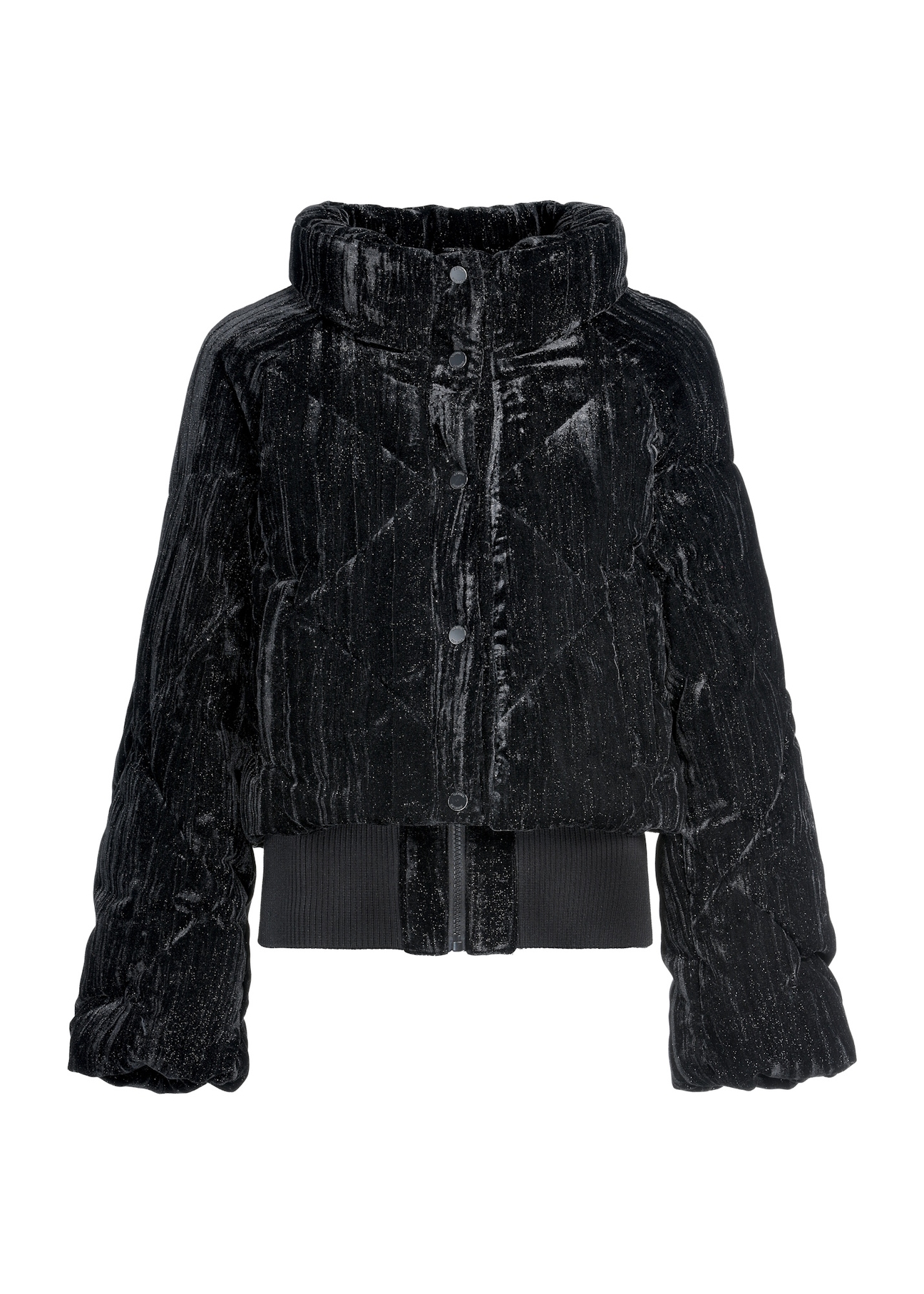 Жіноча коротка блискуча куртка KURDT-0607-99(Z25), вигляд виробу спереду на білому тлі.