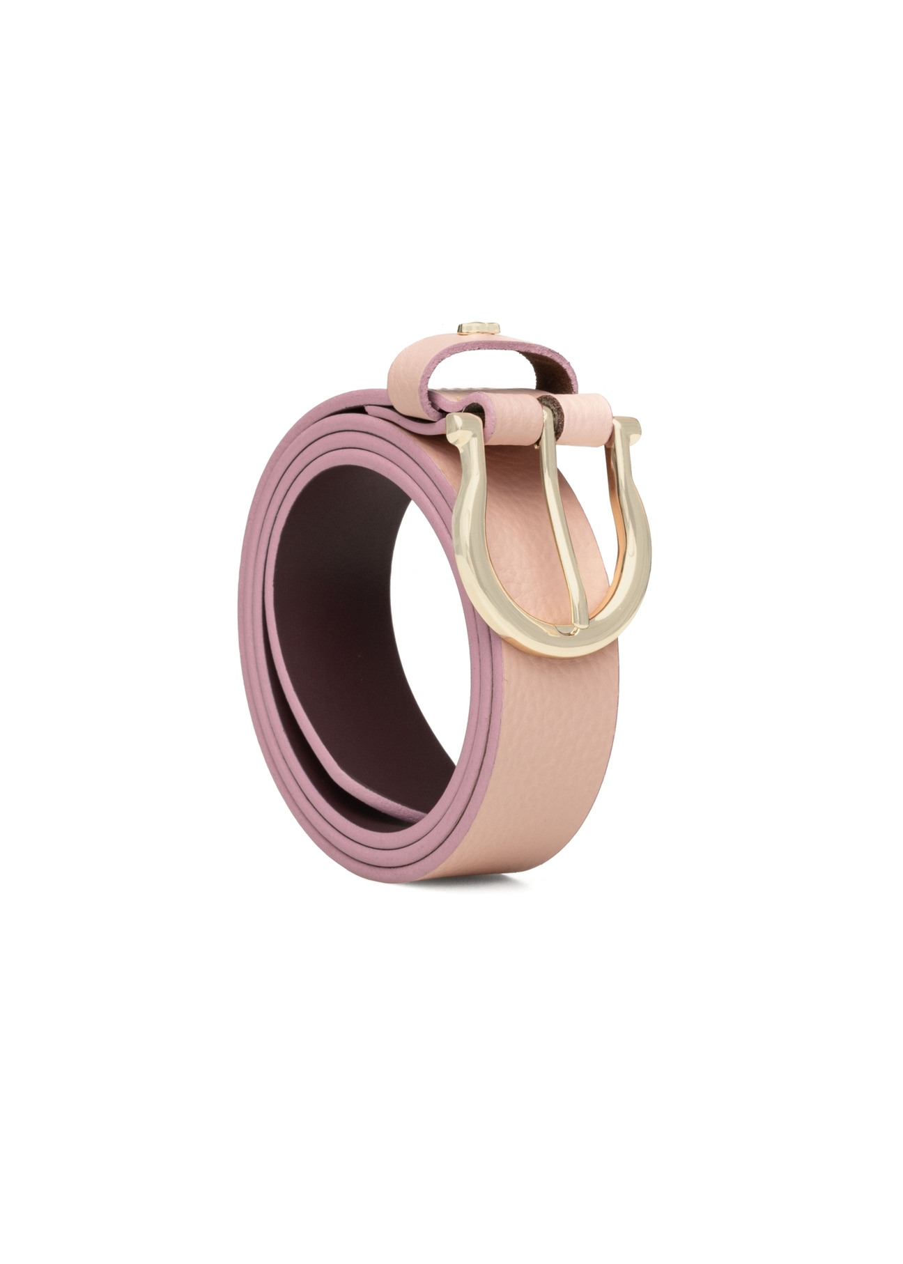 Жіночий рожевий шкіряний ремінь PASDS-0274-5B(W26), діагональний вигляд виробу на білому тлі.