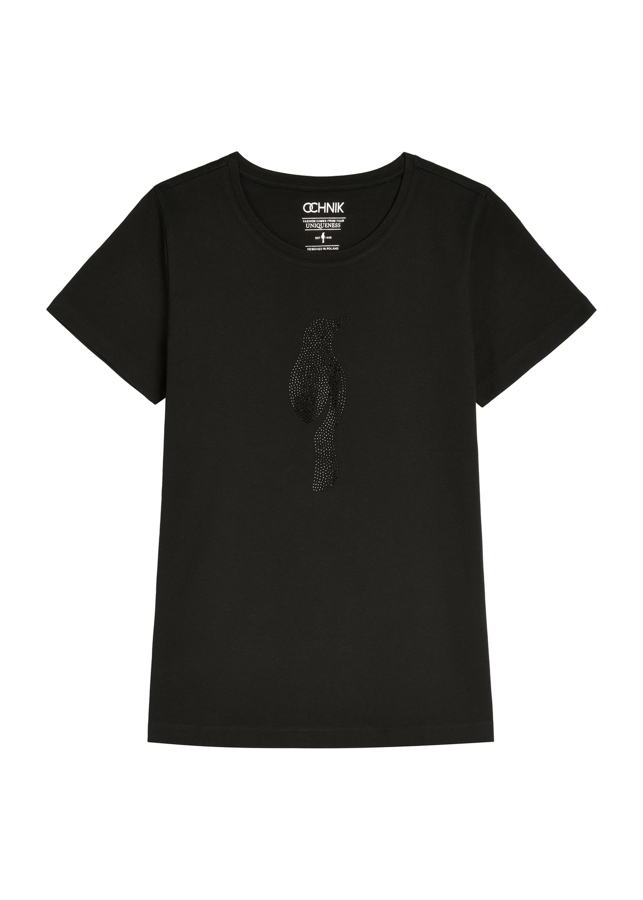 Чорна жіноча футболка з логотипом TSHDT-0157-99(W26), вигляд виробу спереду на білому тлі.