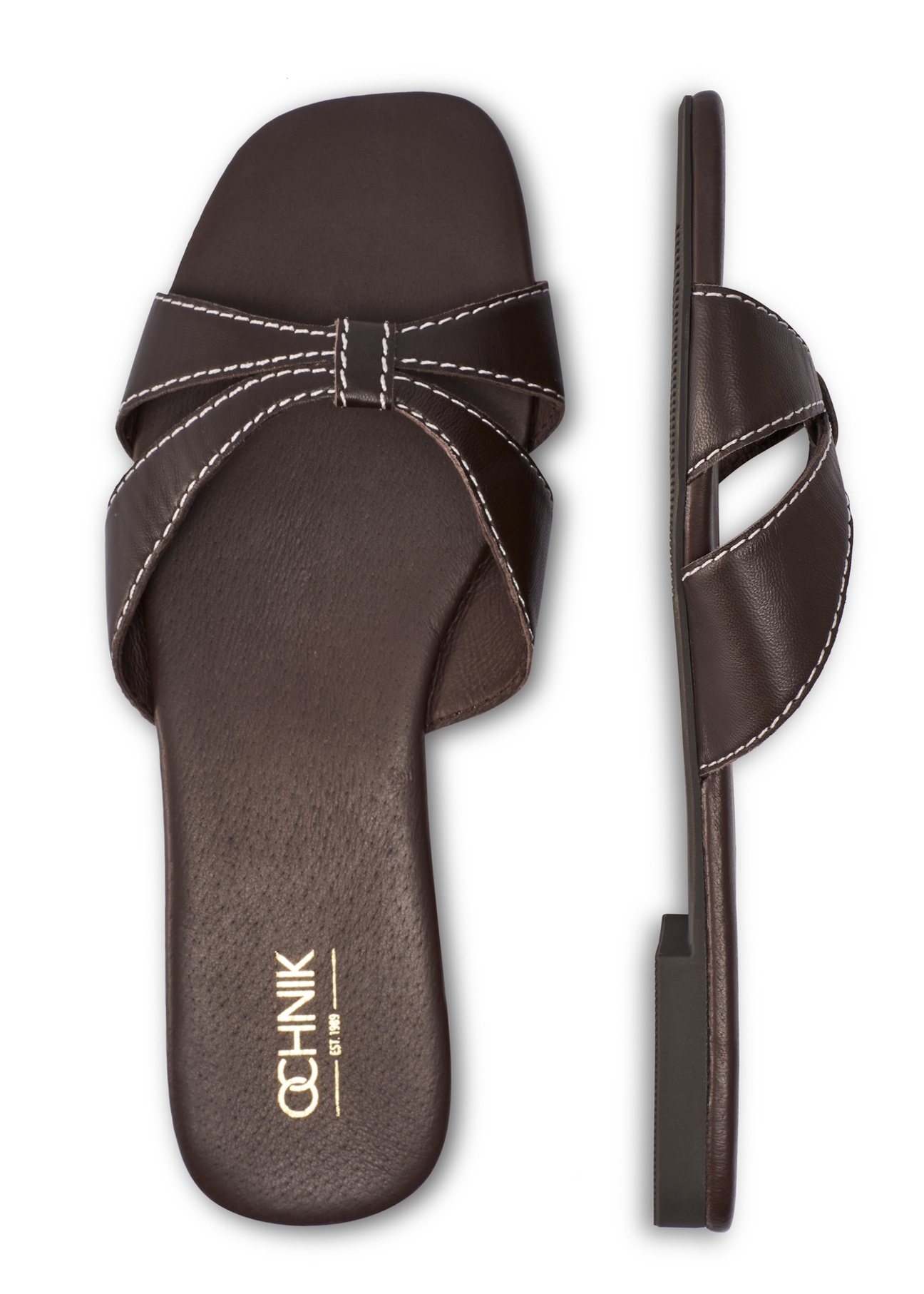 Темно-коричневі шкіряні жіночі мюлі BUTYD-1227-1I(W26), вигляд виробу зверху на білому тлі.