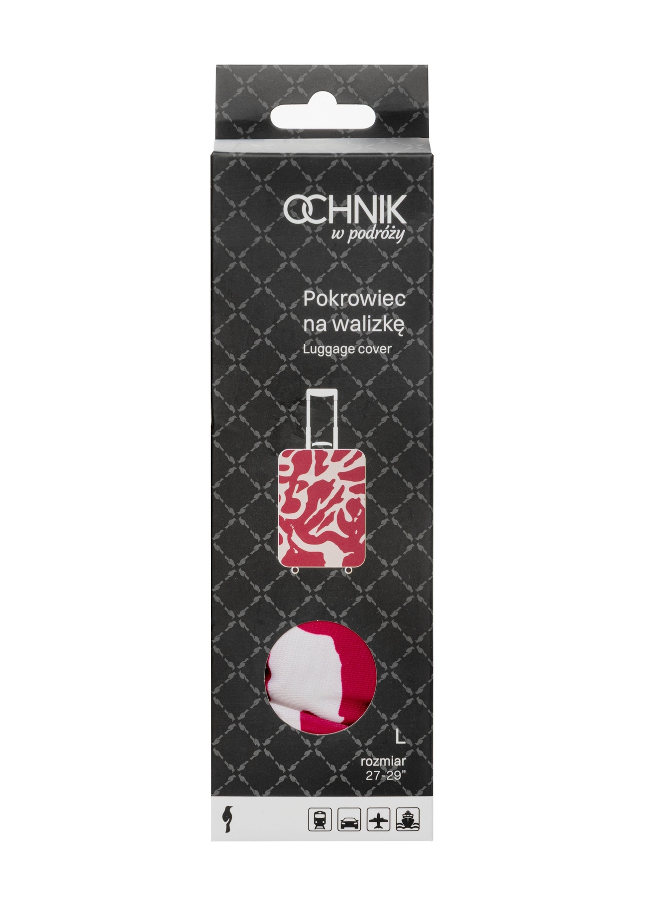 Рожевий чохол для середньої валізи AW-013-0007-5P-M(W26), вигляд виробу спереду в упаковці.