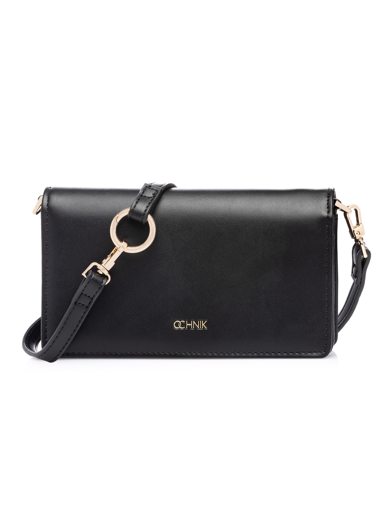 Чорний жіночий гаманець з ремінцем POREC-0431-99(W26), вигляд виробу спереду на білому тлі.