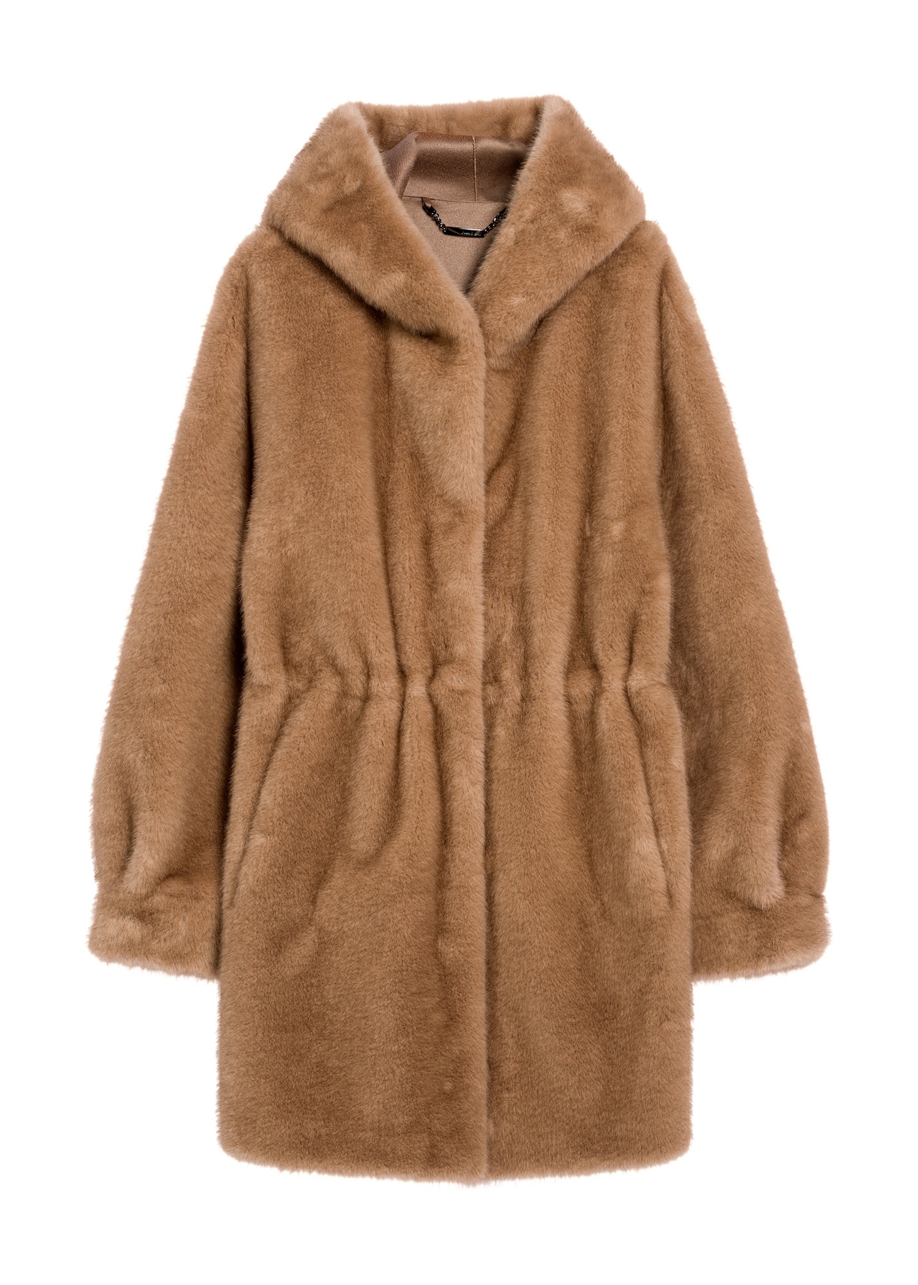 Бежева жіноча хутряна шуба з капюшоном FUTDP-0062-81(Z25), вигляд виробу спереду на білому тлі.