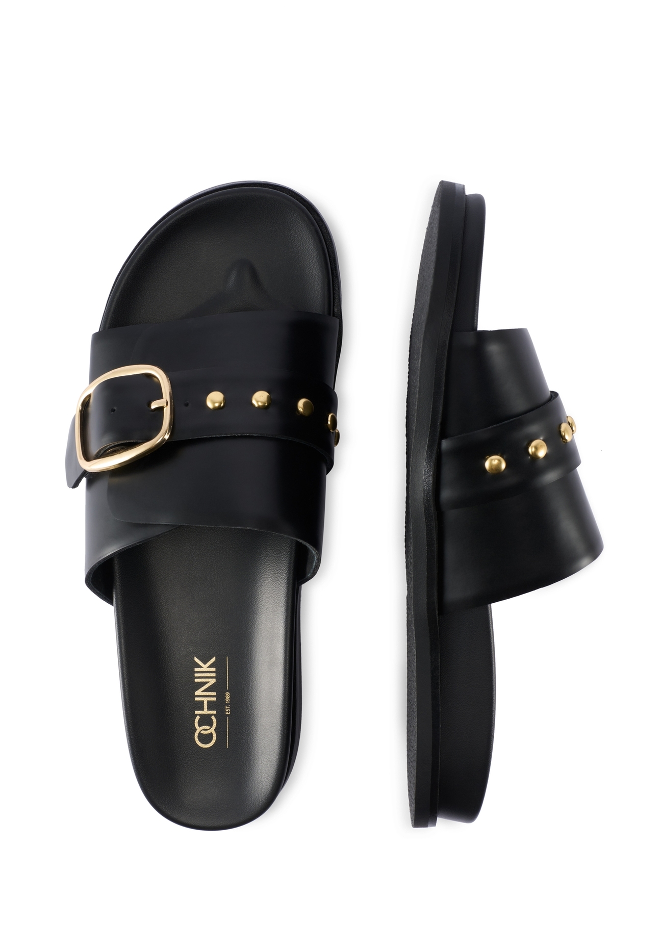 Жіночі чорні шкіряні мюлі BUTYD-1269-99(W26), вигляд виробу зверху на білому фоні.