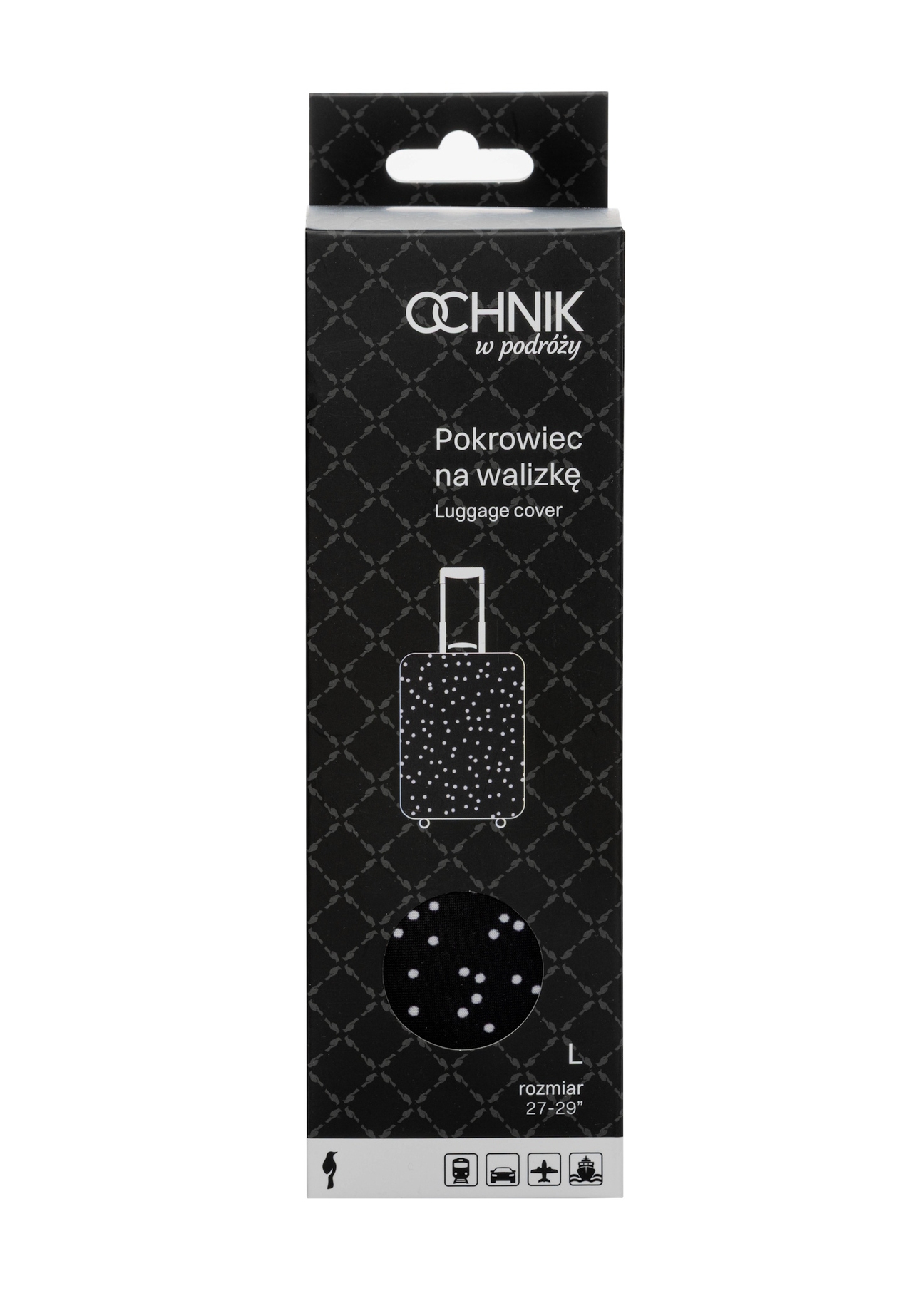 Чохол для великої валізи в горошок AW-013-0007-9P-L(W26), вигляд виробу спереду в упаковці.