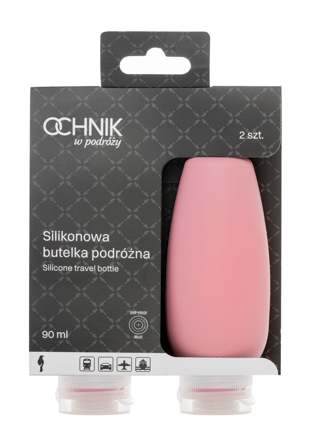 Дорожні флакони для косметики AW-016-0001-5D(W26), вигляд продукту в упаковці.