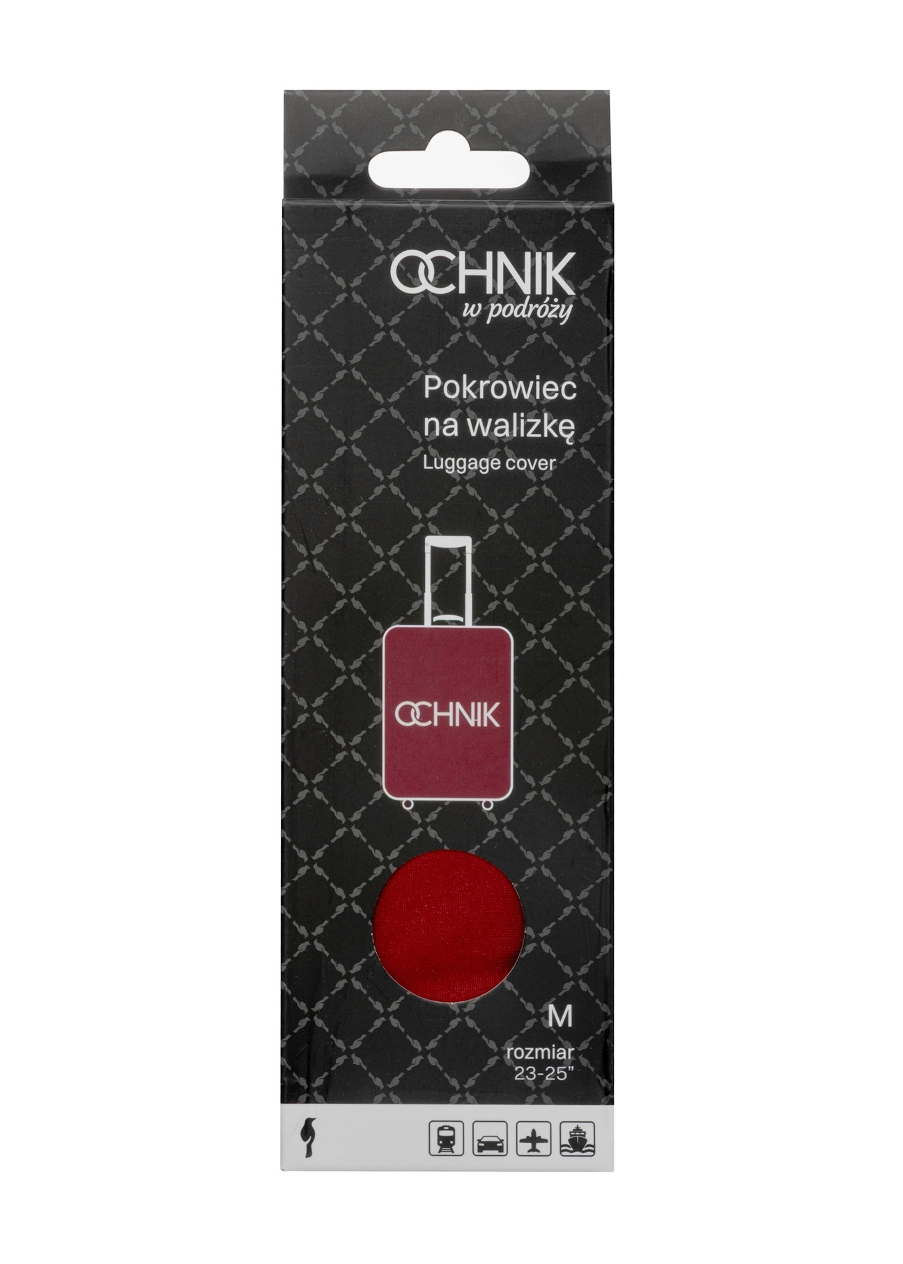 Червоний чохол для середньої валізи з логотипом AW-013-0002-4B-M(W26), вигляд виробу спереду в упаковці.