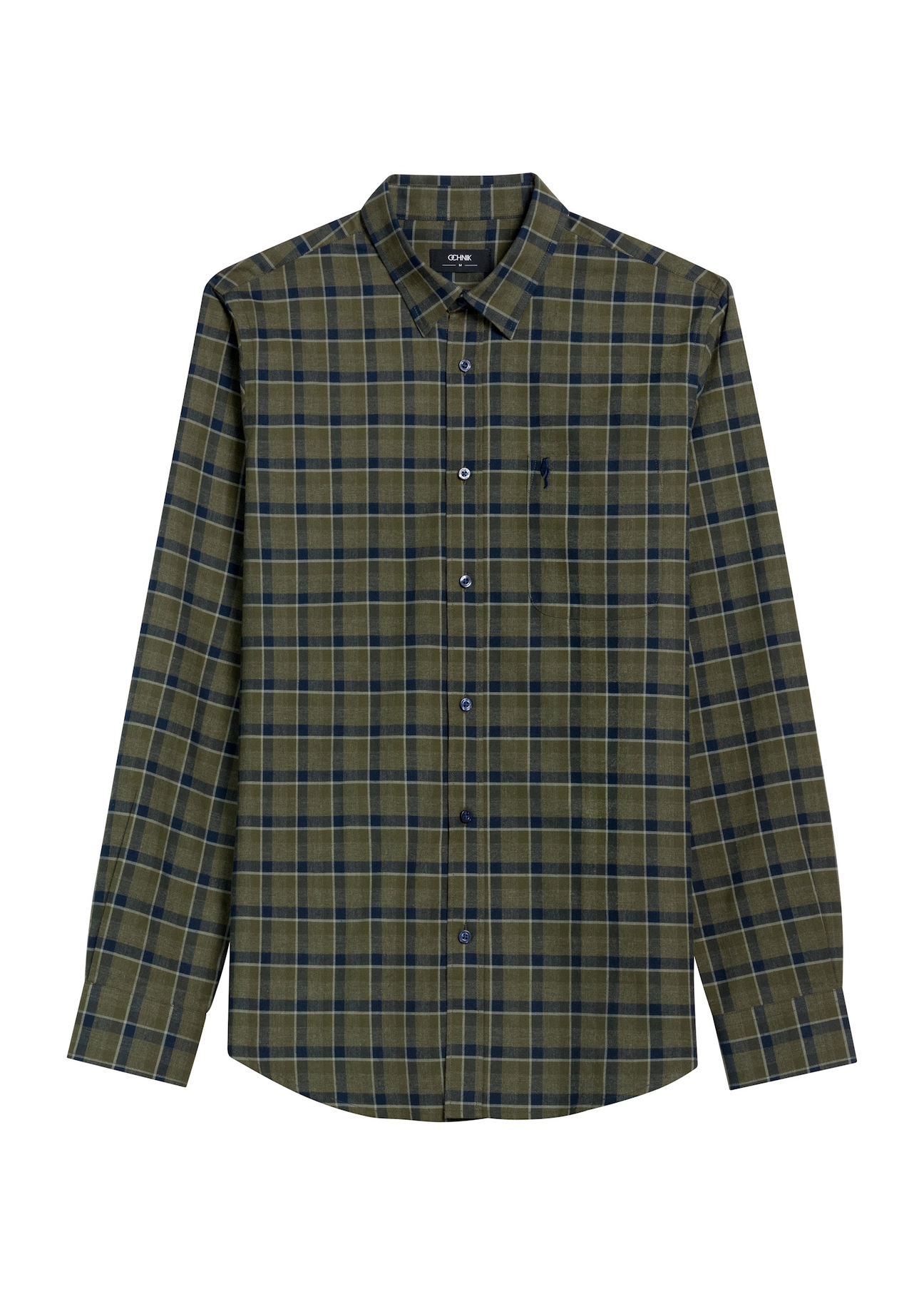 Чоловіча картата сорочка кольору хакі KOSMT-0333-55(Z25), вигляд виробу спереду на білому тлі.