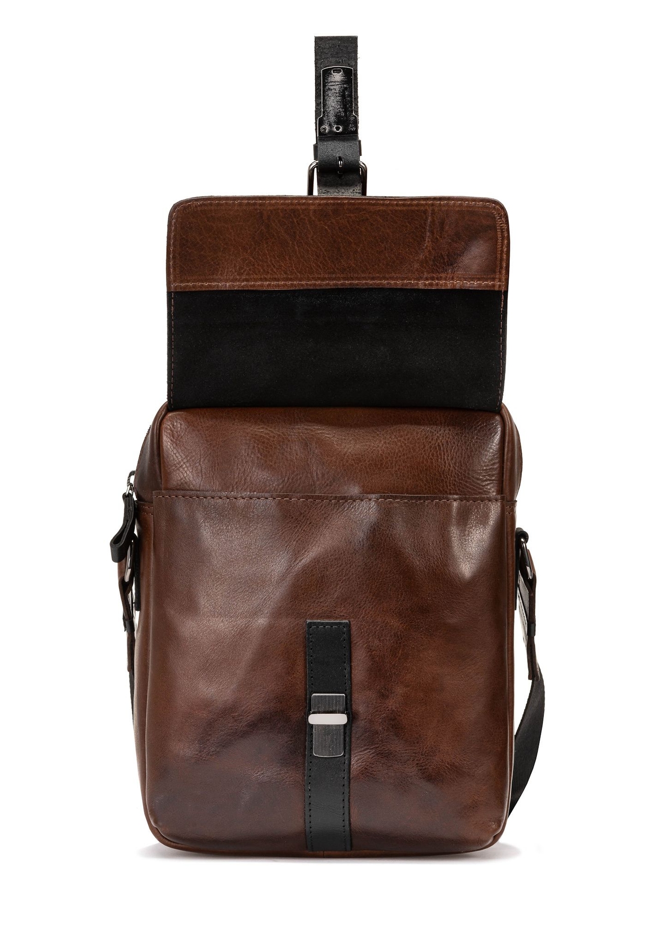 Чоловіча коричнева шкіряна сумка TORMS-0104-1H(W26), вигляд виробу спереду на білому тлі.