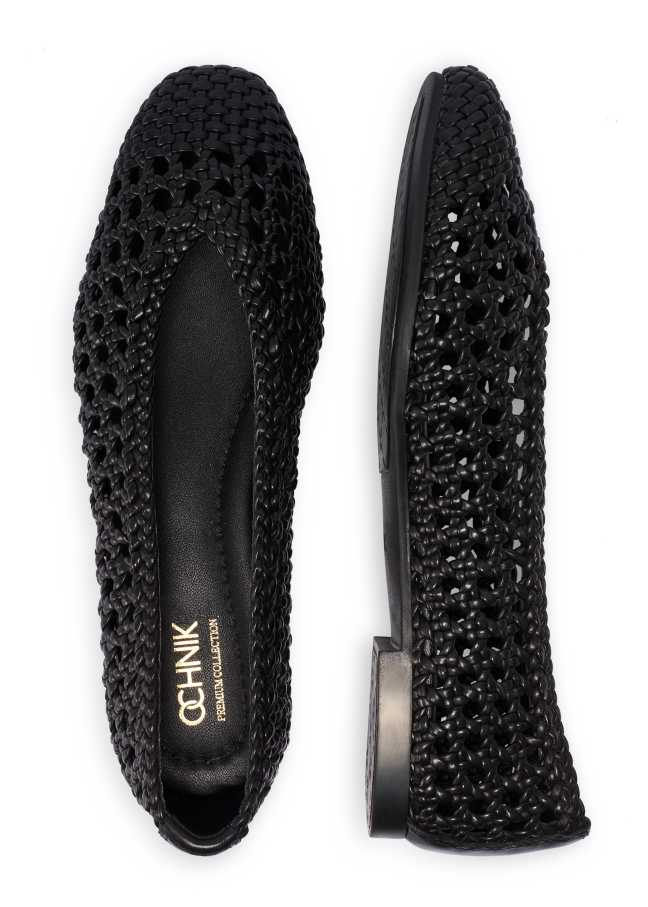 Жіночі чорні плетені балетки BUTYD-1251-99(W26), вигляд виробу зверху на білому фоні.