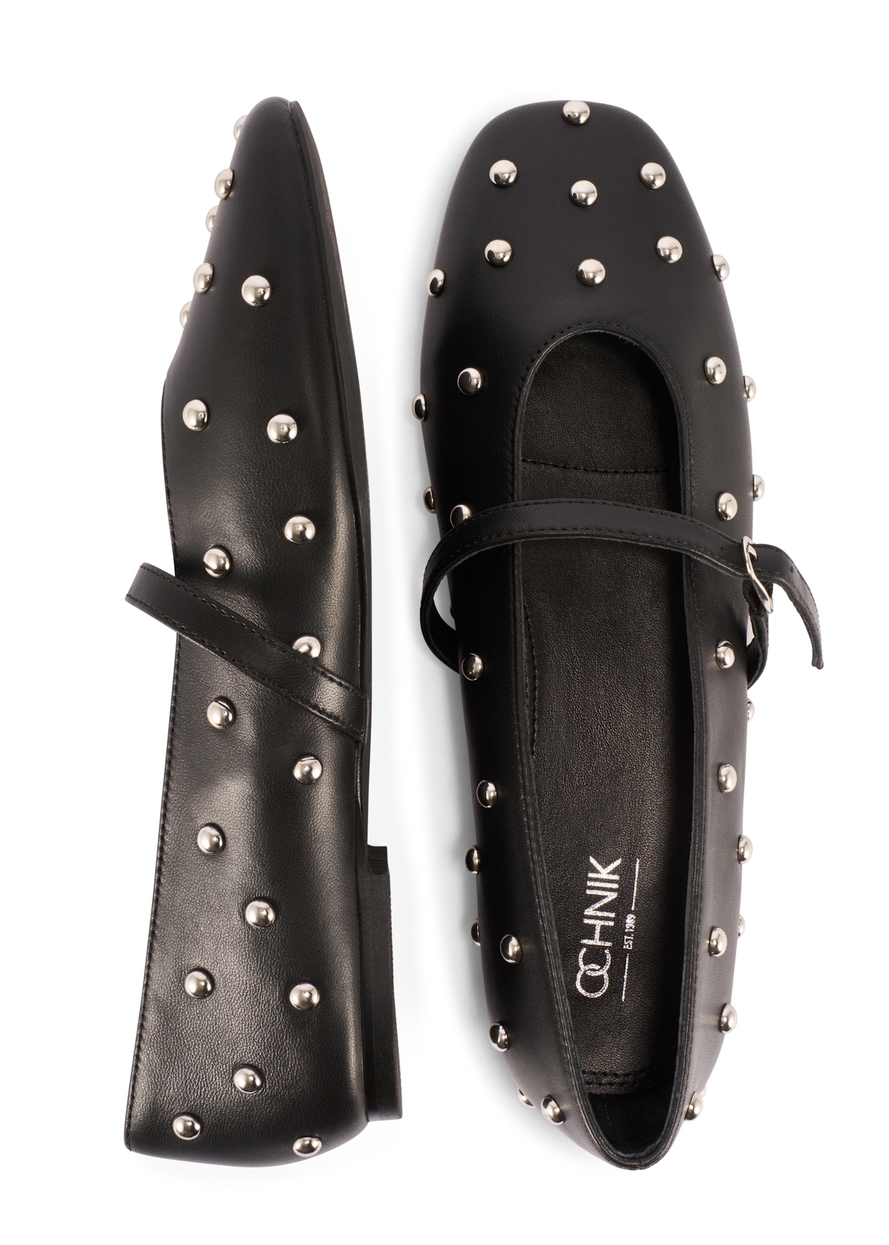 Жіночі чорні шкіряні балетки зі стразами BUTYD-1235-99(W26), вигляд виробу зверху на білому фоні.