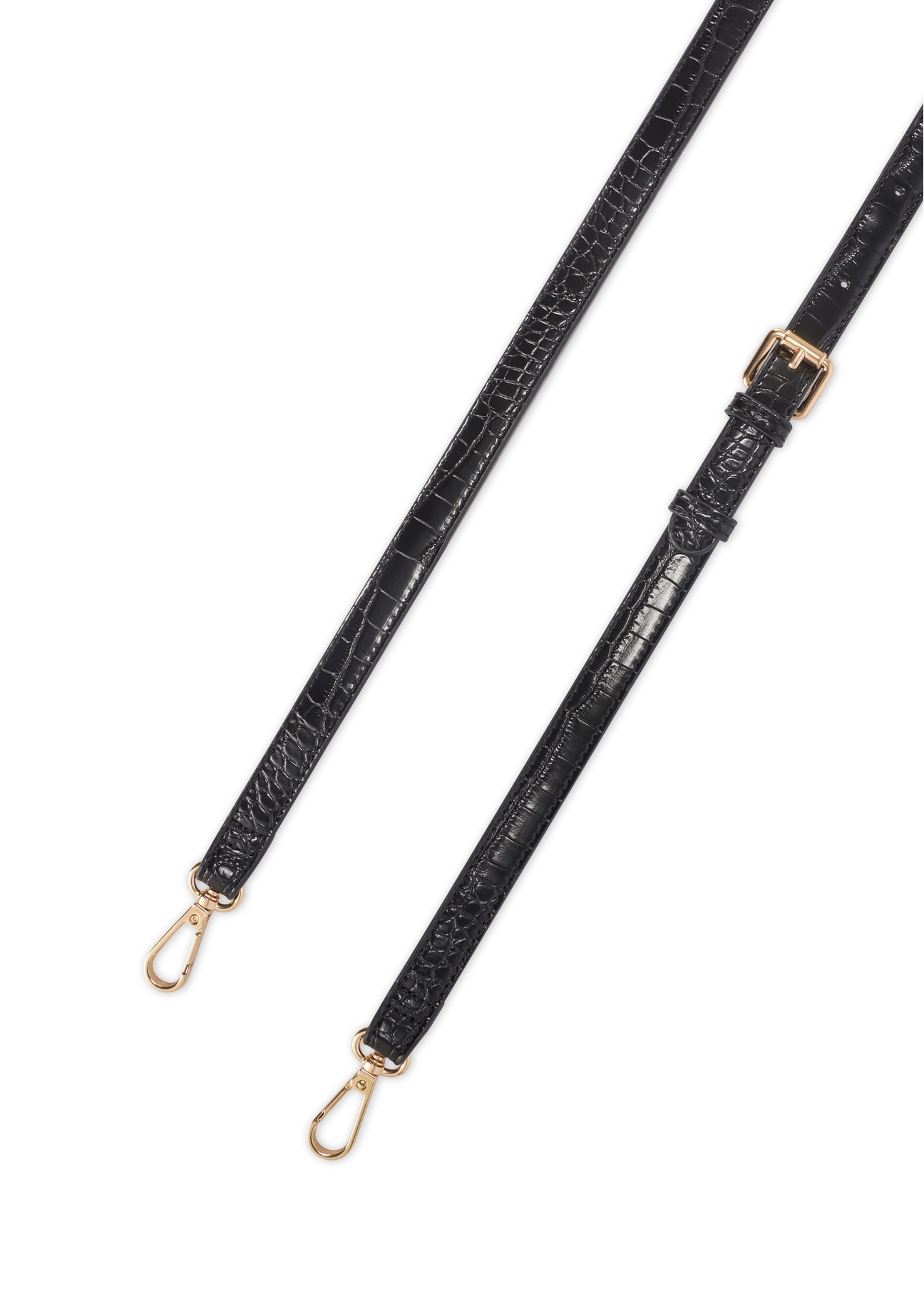 Маленька чорна жіноча сумка-месенджер з крокоподібної шкіри TOREC-1185-9G(W26), вигляд виробу з ремінцем на білому фоні.