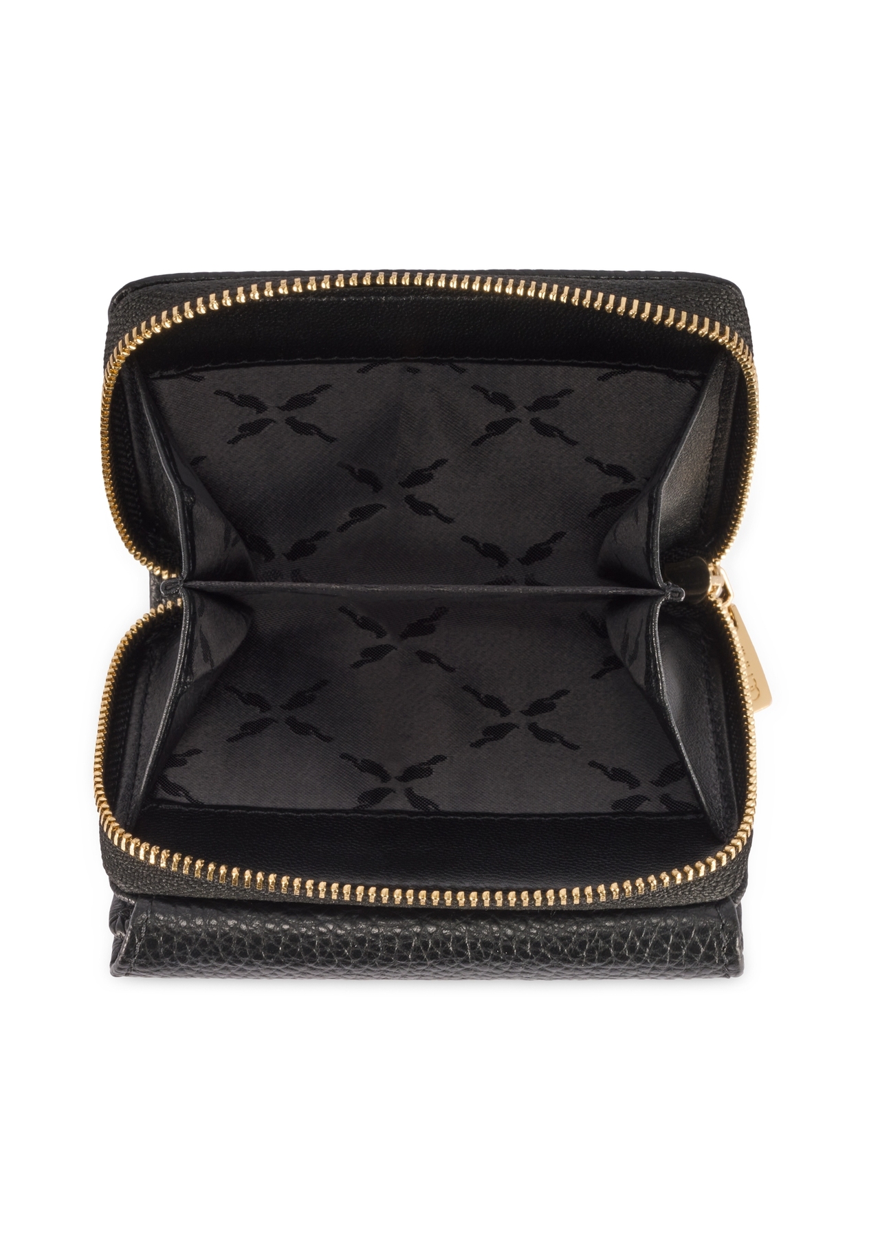 Маленький чорний шкіряний жіночий гаманець PORES-0802R-9I(W26), вигляд товару всередині на білому тлі.