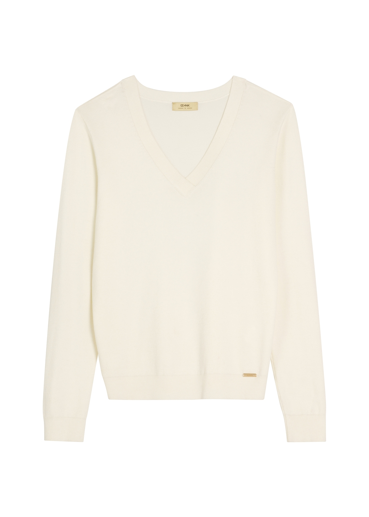Кремовий светр з V-подібним вирізом SWEDT-0201-0B(W26), вигляд виробу спереду на білому тлі.