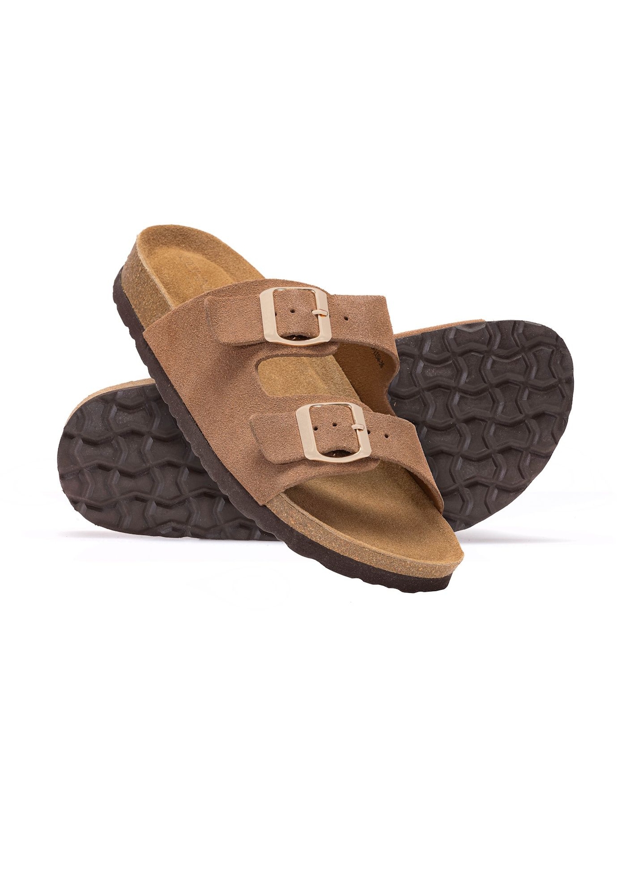Жіночі шкіряні мюлі кольору верблюжої шкіри BUTYD-1158-1D(W26), діагональний вигляд виробу на білому фоні.