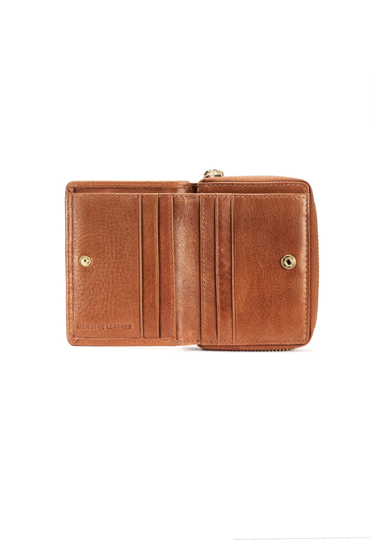Невеликий жіночий шкіряний гаманець коньячного кольору PORES-0963-1F(W26), вигляд виробу всередині на білому тлі.