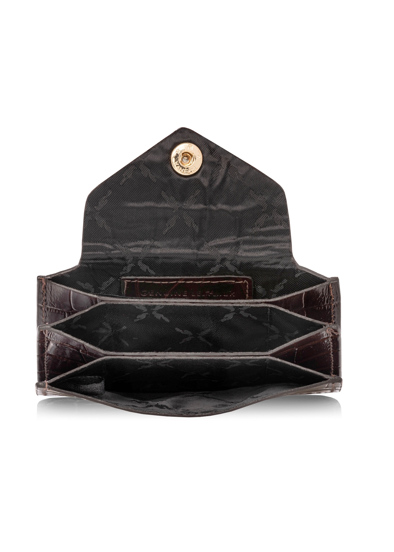 Маленький жіночий гаманець коричневого кольору PORES-0890-1H(W26), вигляд товару всередині на білому тлі.