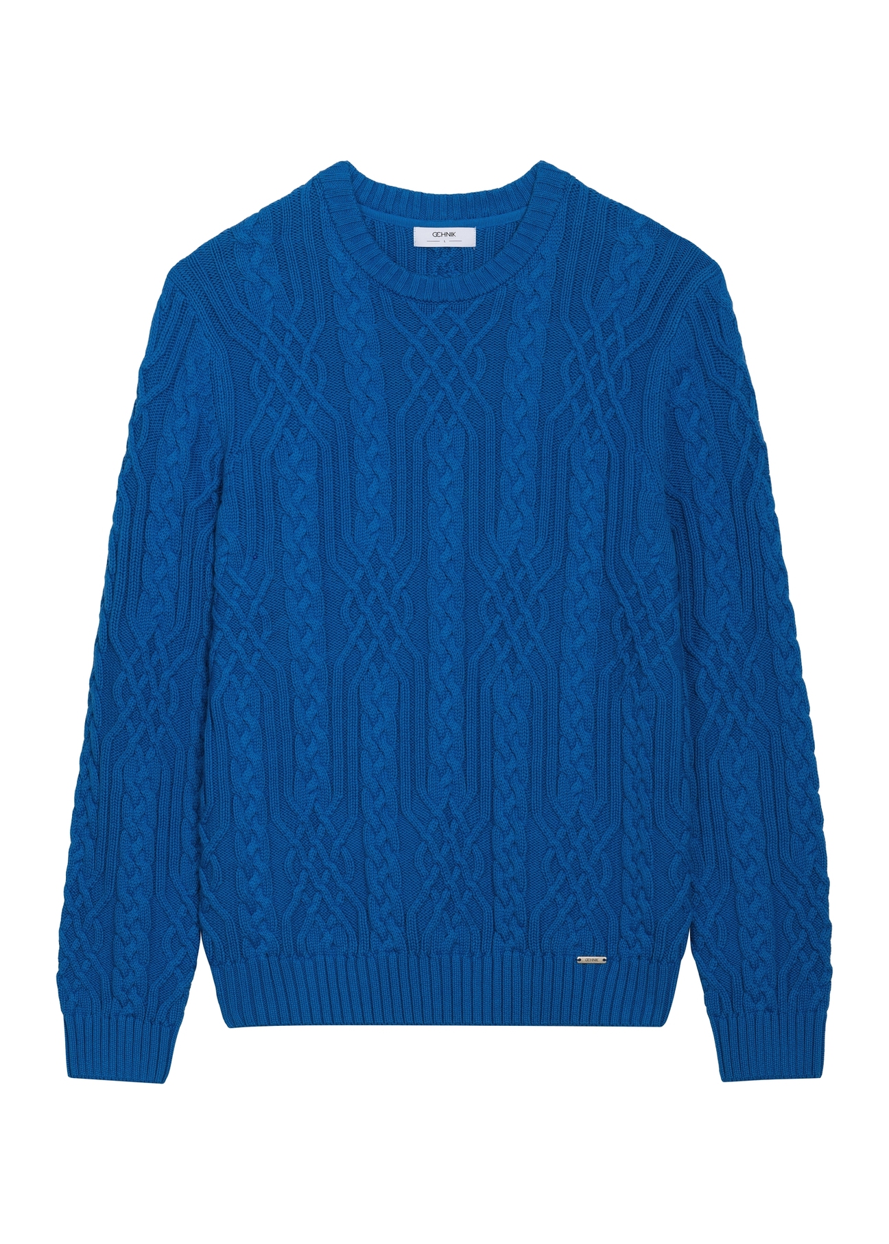 Ciemnoniebieski sweter męski z ozdobnym splotem SWEMT-0205-7C(Z26)