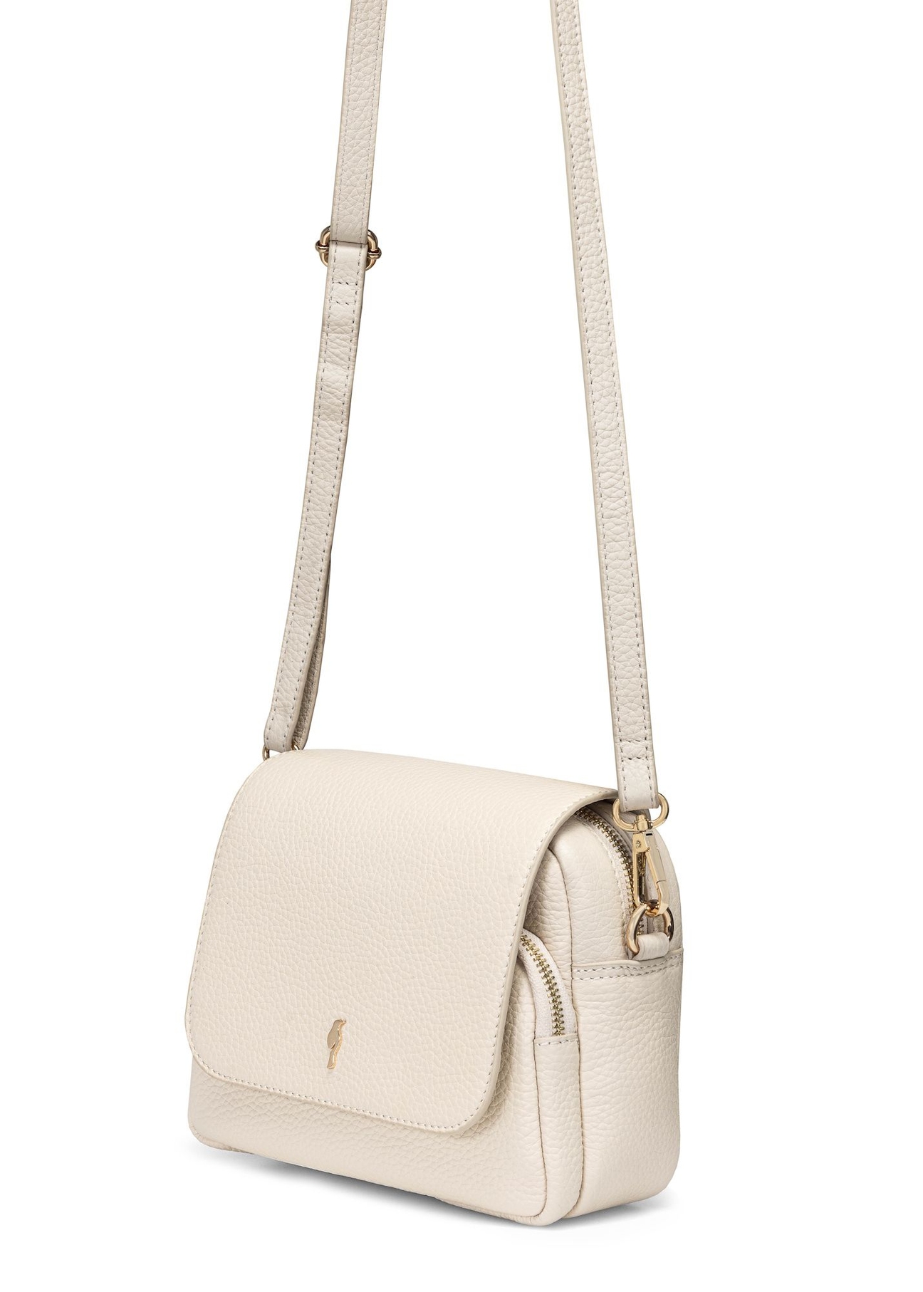 Шкіряна жіноча сумка-месенджер кремового кольору TORES-0958E-0B(W26), вигляд товару з ремінцем на білому тлі.