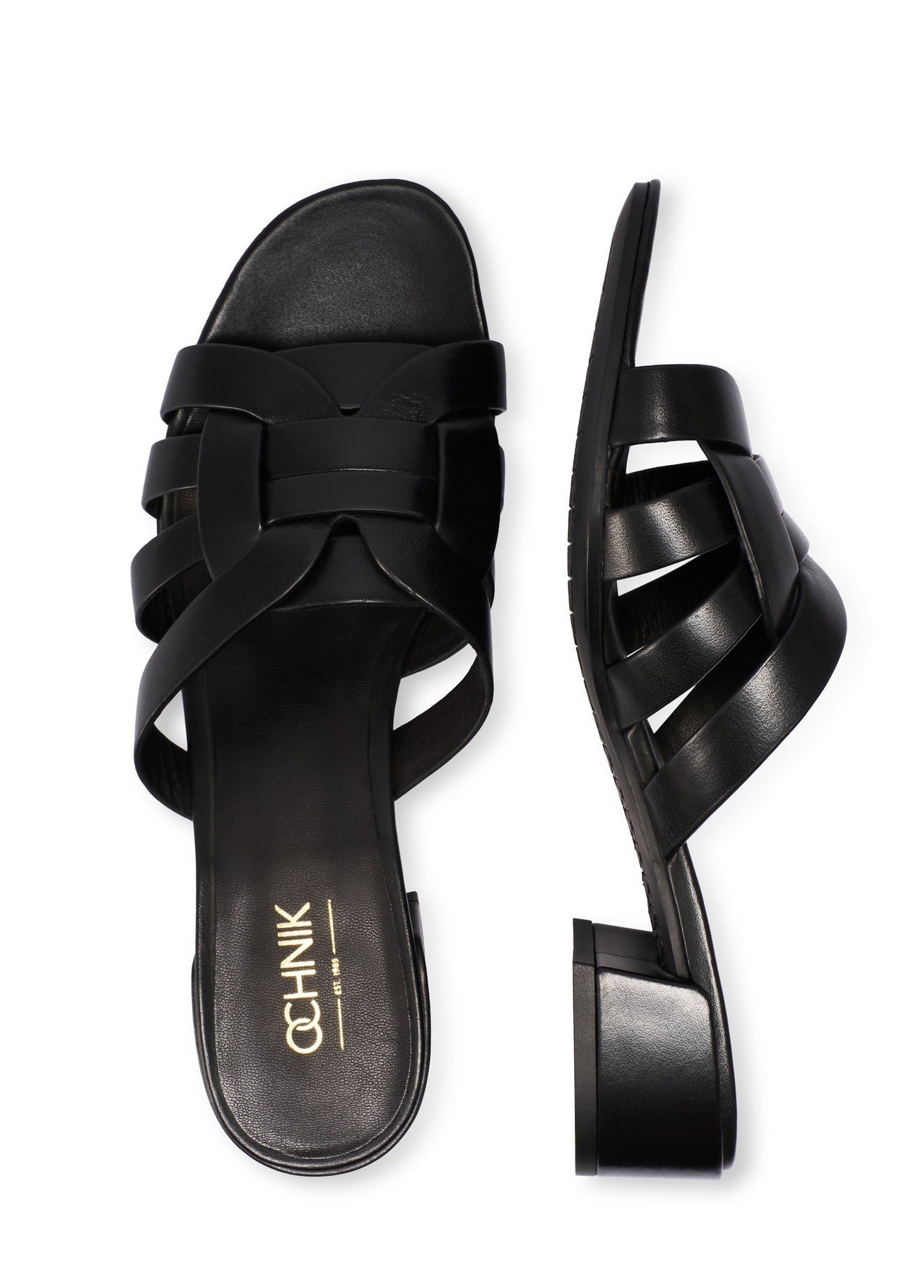 Жіночі шкіряні мюлі на блочному каблуці BUTYD-1265-99(W26), вигляд виробу зверху на білому фоні.