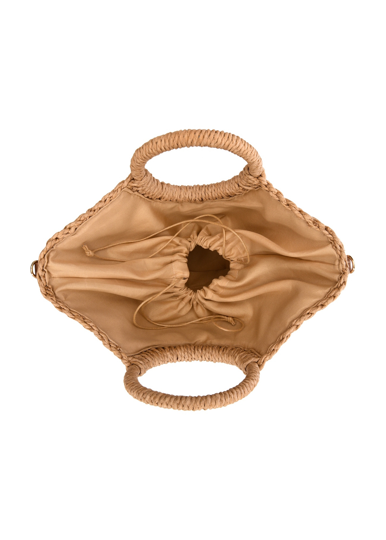 Напівкругла бежева плетена сумка TOREC-0940-1E(W26), вигляд виробу всередині на білому тлі.