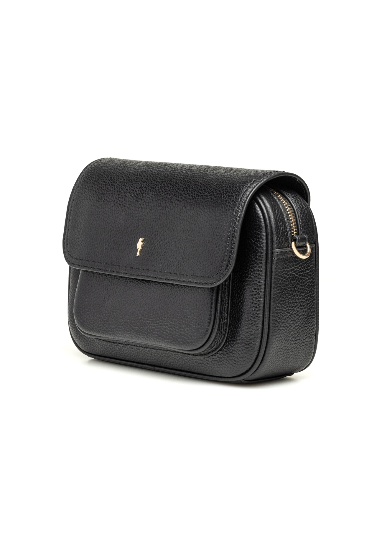 Чорна шкіряна жіноча сумка-месенджер TORES-1274-9I(W26), діагональний вигляд виробу на білому фоні.