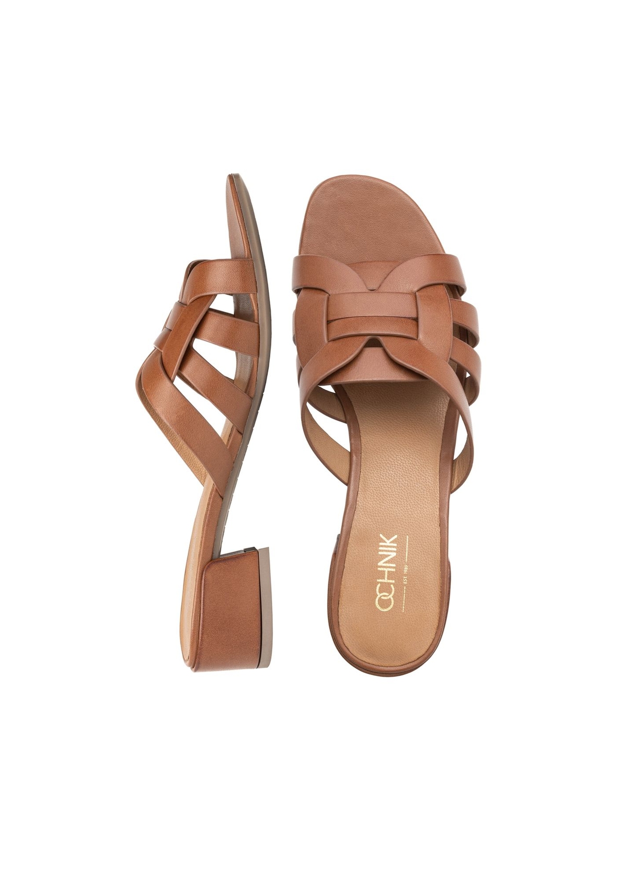 Жіночі шкіряні мюлі на блочному каблуці BUTYD-1265-1F(W26), вигляд виробу зверху на білому фоні.