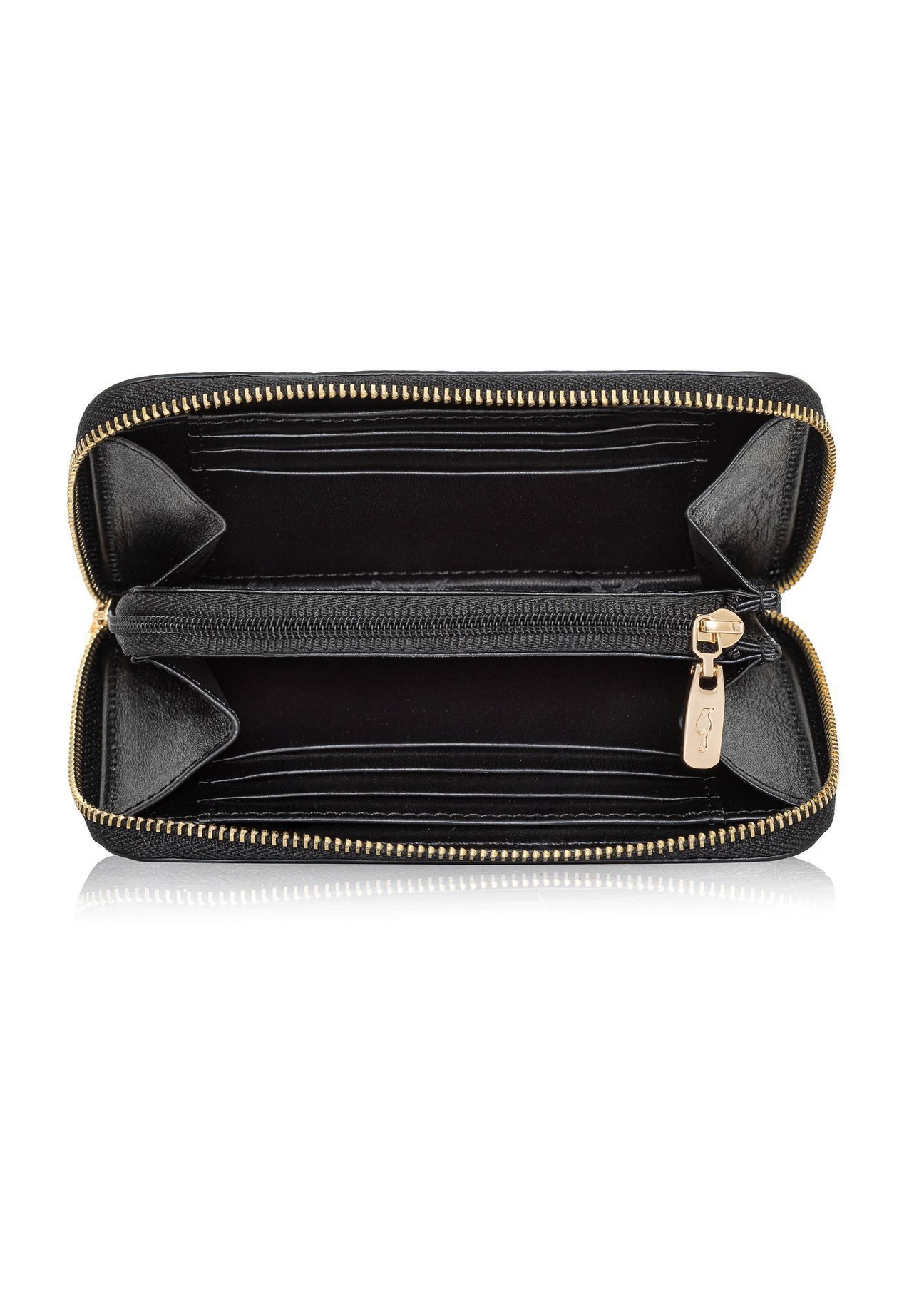 Чорний шкіряний жіночий гаманець середнього розміру PORES-0898R-9I(W26), вигляд товару всередині на білому тлі.