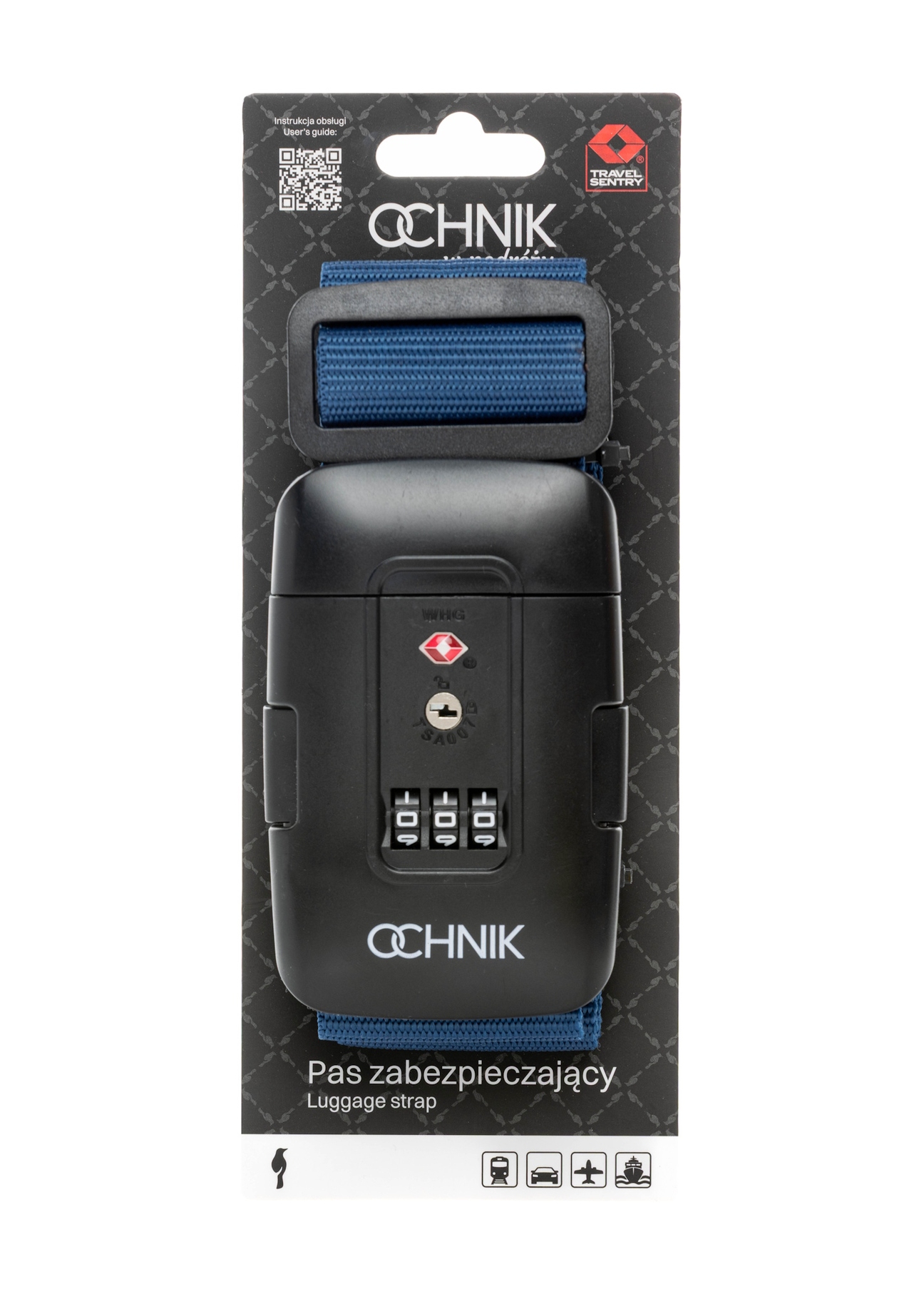 Темно-синій багажний ремінь AW-011-004-7D(W26), вигляд виробу з упаковкою на білому тлі.