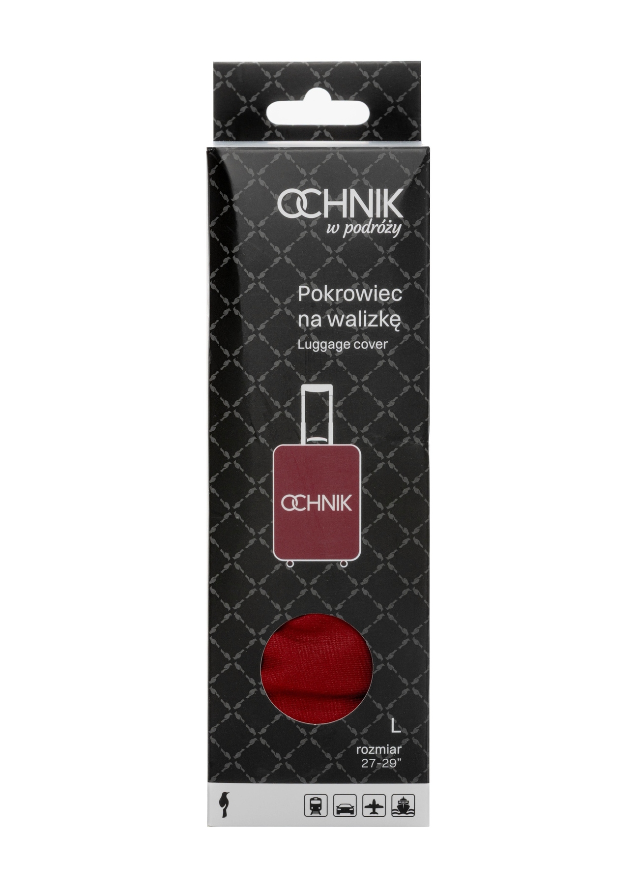 Червоний чохол для великої валізи з логотипом AW-013-0002-4B-L(W26), вигляд виробу в упаковці спереду.